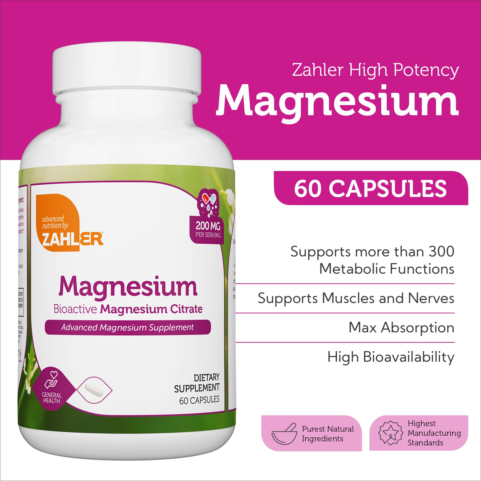 Zahler magnésium citrate en capsules, gros plan, peut favoriser la détente musculaire et l'énergie.