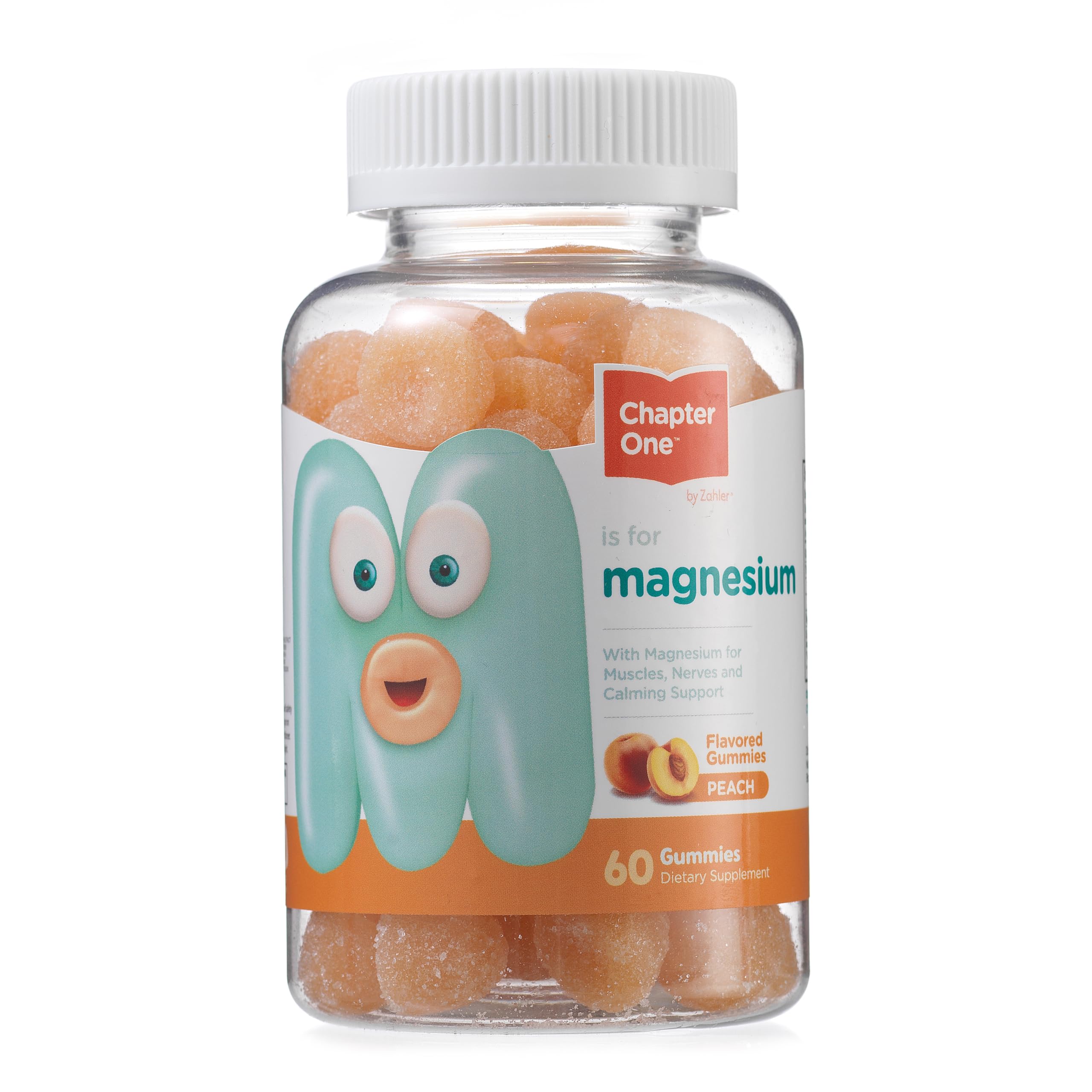 Zahler Chapter One Magnésium Gummies en bouteille pêche, goût fruité et pratique.