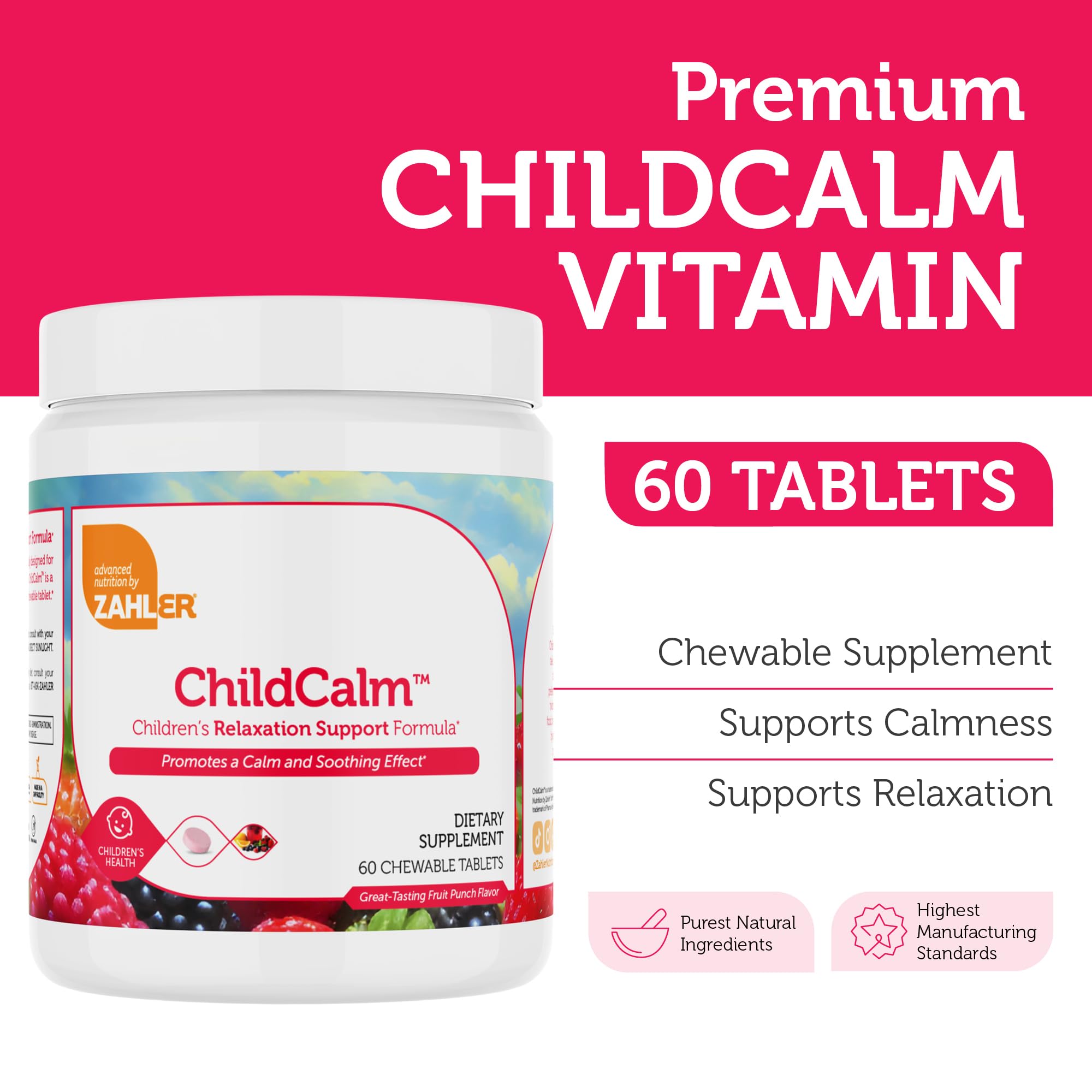 Tablettes à mâcher ChildCalm, couleur fruit punch et texture plaisante pour les enfants.