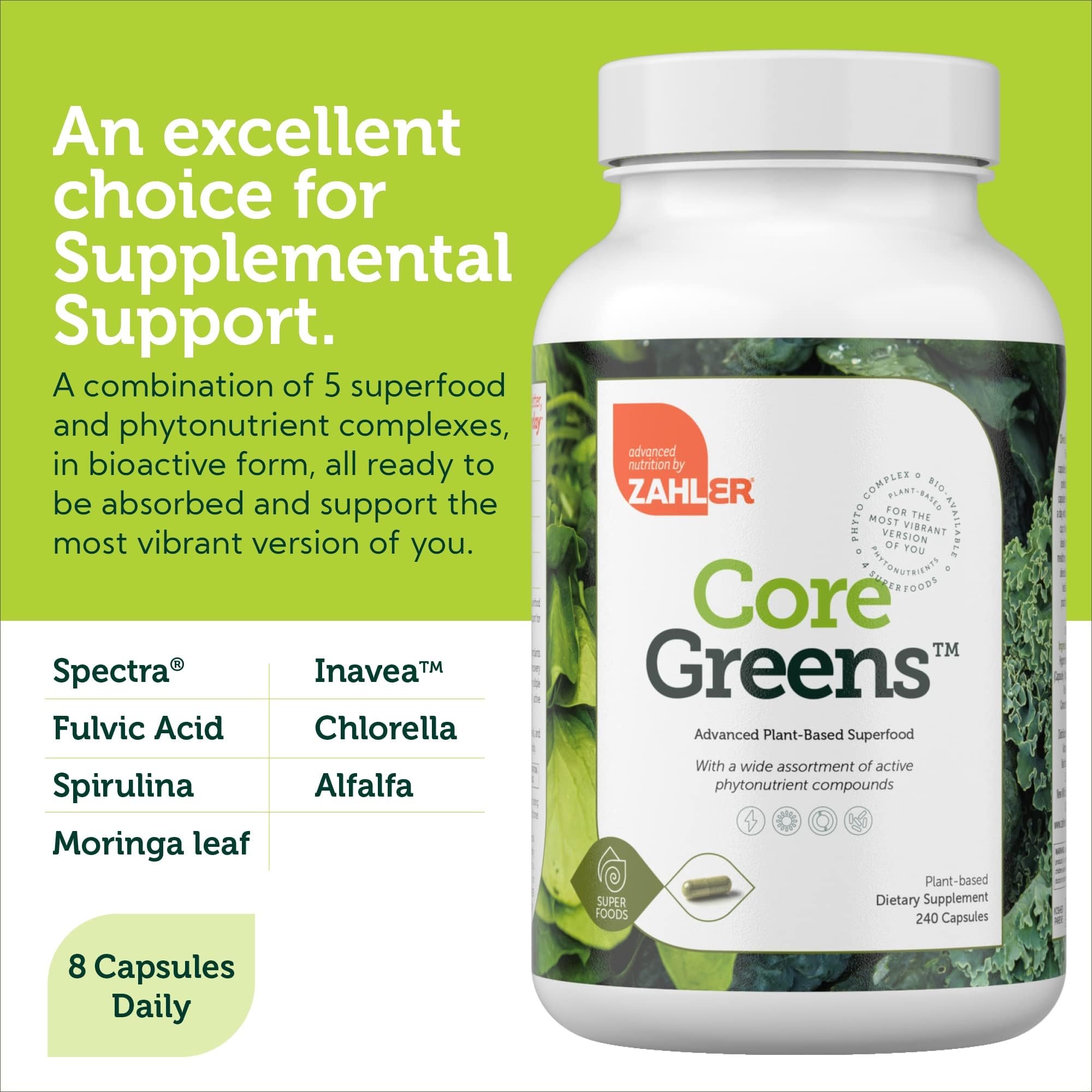 Zahler Core Greens – ingrédients naturels, sans gluten ni lactose, apport nutritionnel.