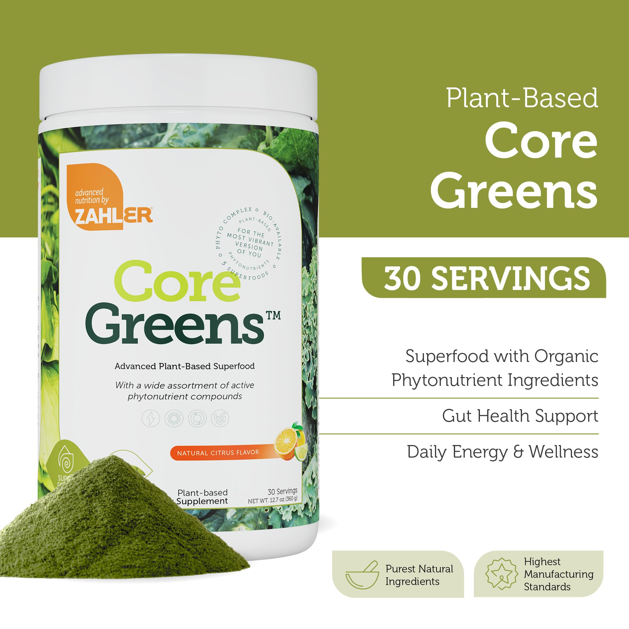 Zahler Core Greens: cuillere-mesure, dosage précis pour un apport nutritionnel.