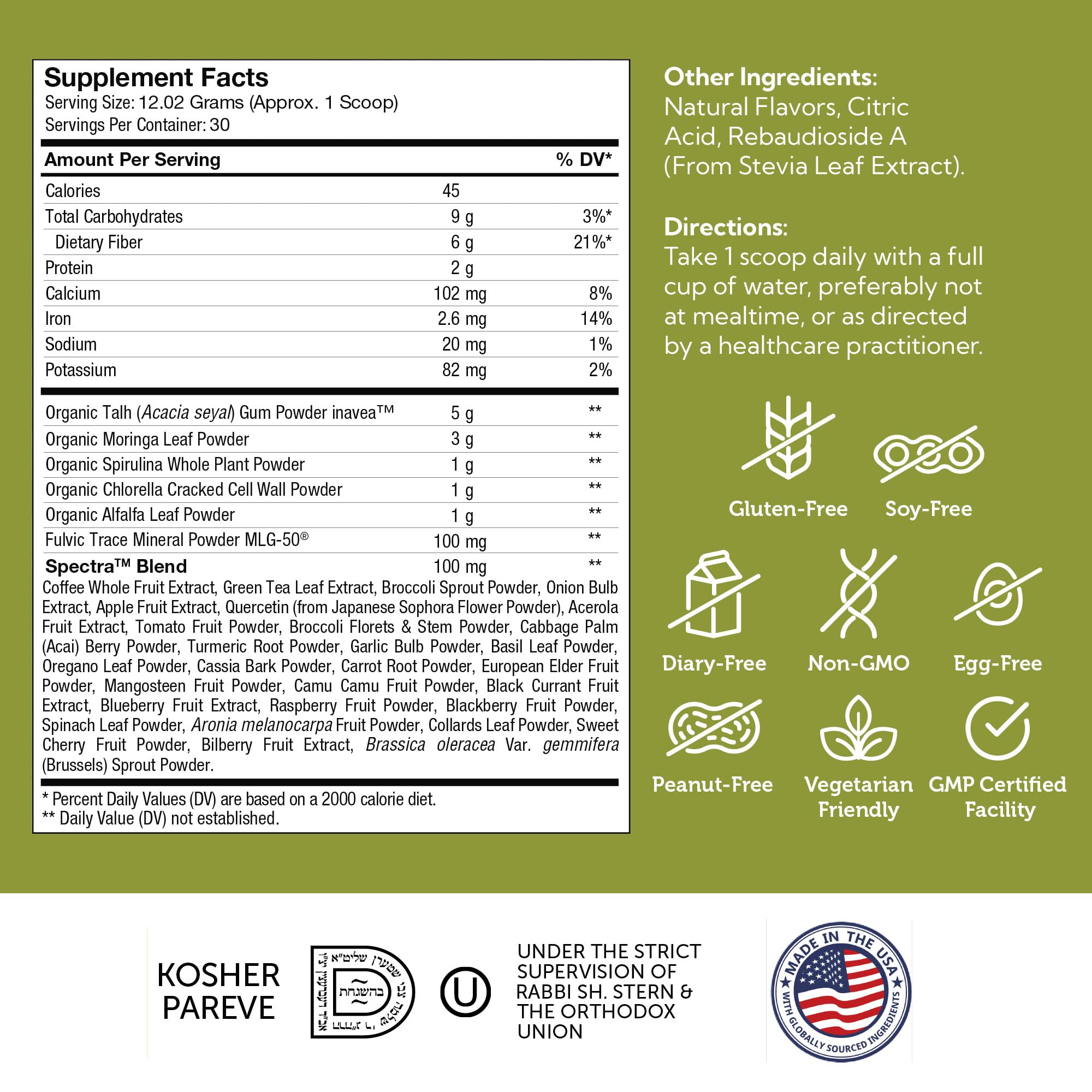 Zahler Core Greens: spiruline-chlorelle, riche en phytonutriments essentiels.