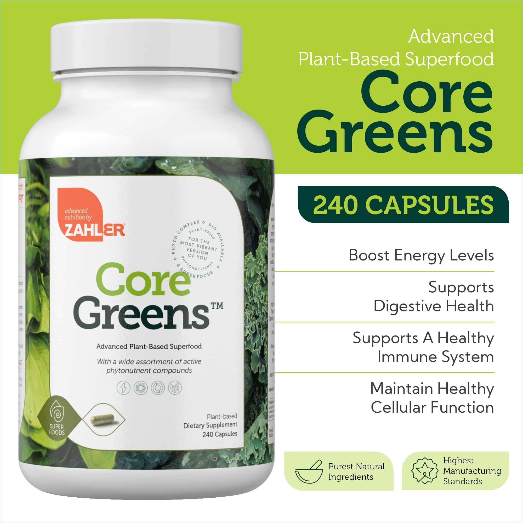 Zahler Core Greens – spiruline et chlorelle incluses, source naturelle de nutriments.