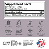 Capsules Zahler D3 5000 UI, prise quotidienne facile pour l’immunité et l’énergie.