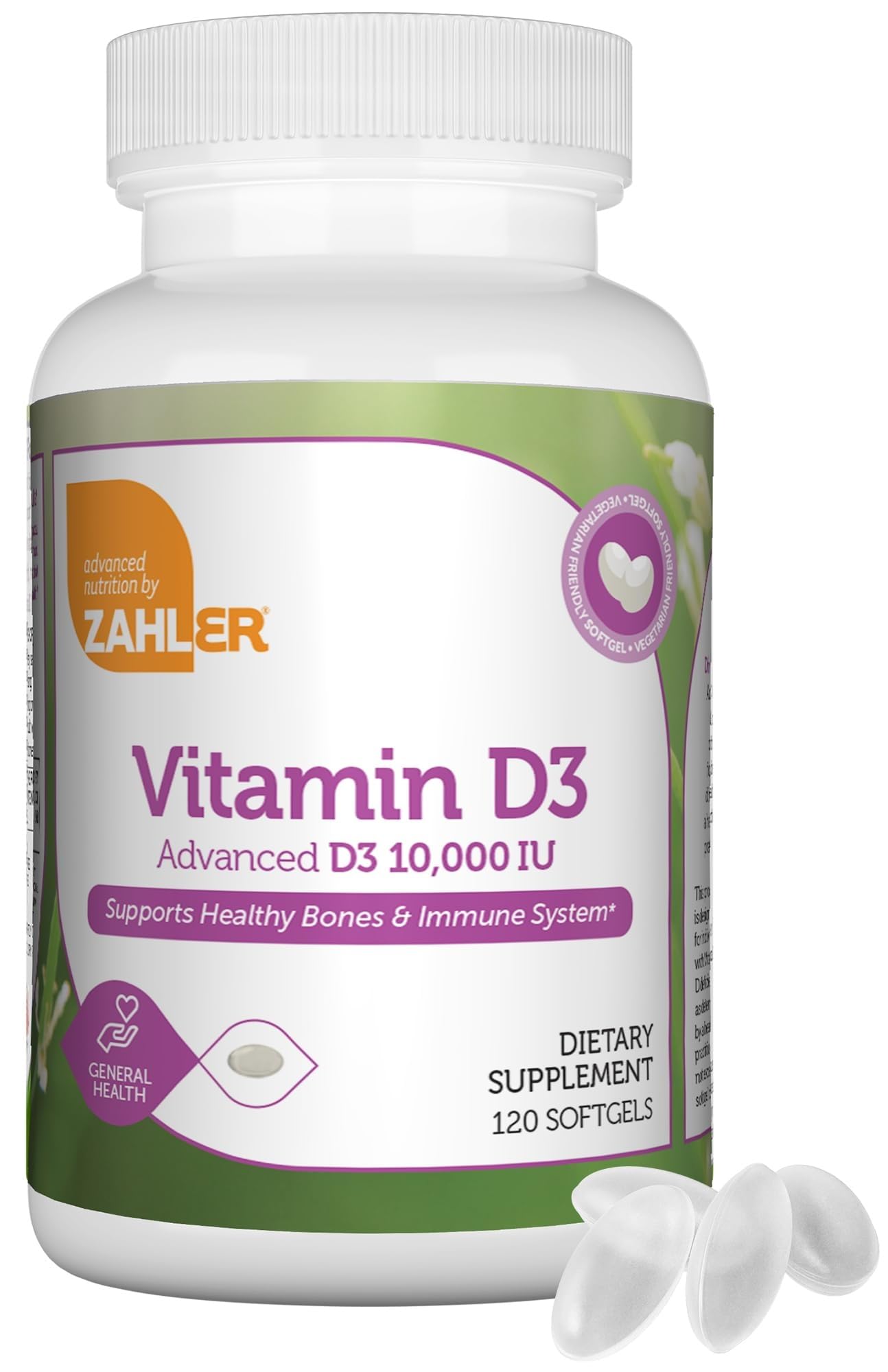 Bouteille Zahler D3 Softgels, soutien potentiel à la santé osseuse