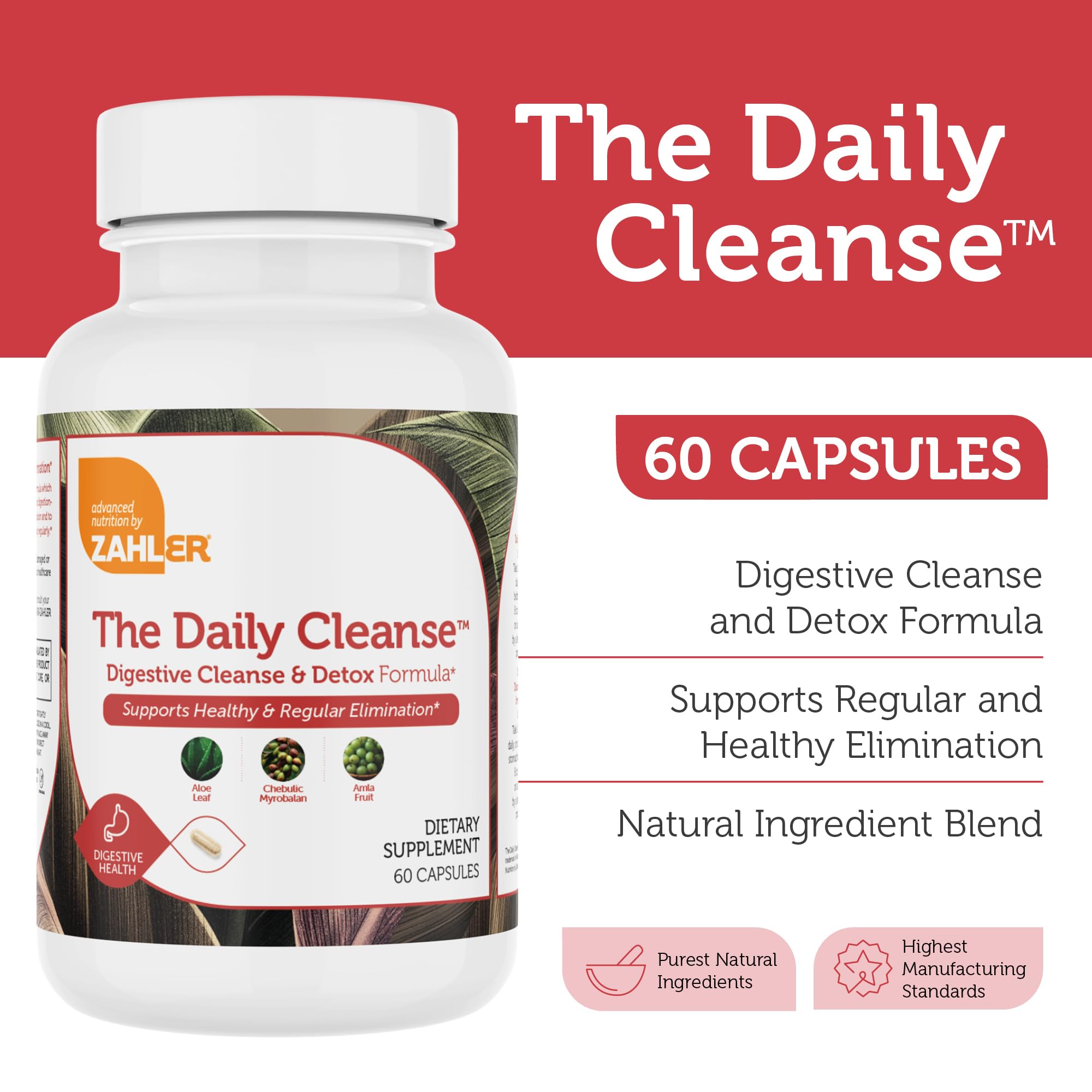Capsules Zahler Daily Cleanse prêtes à avaler pour confort digestif.