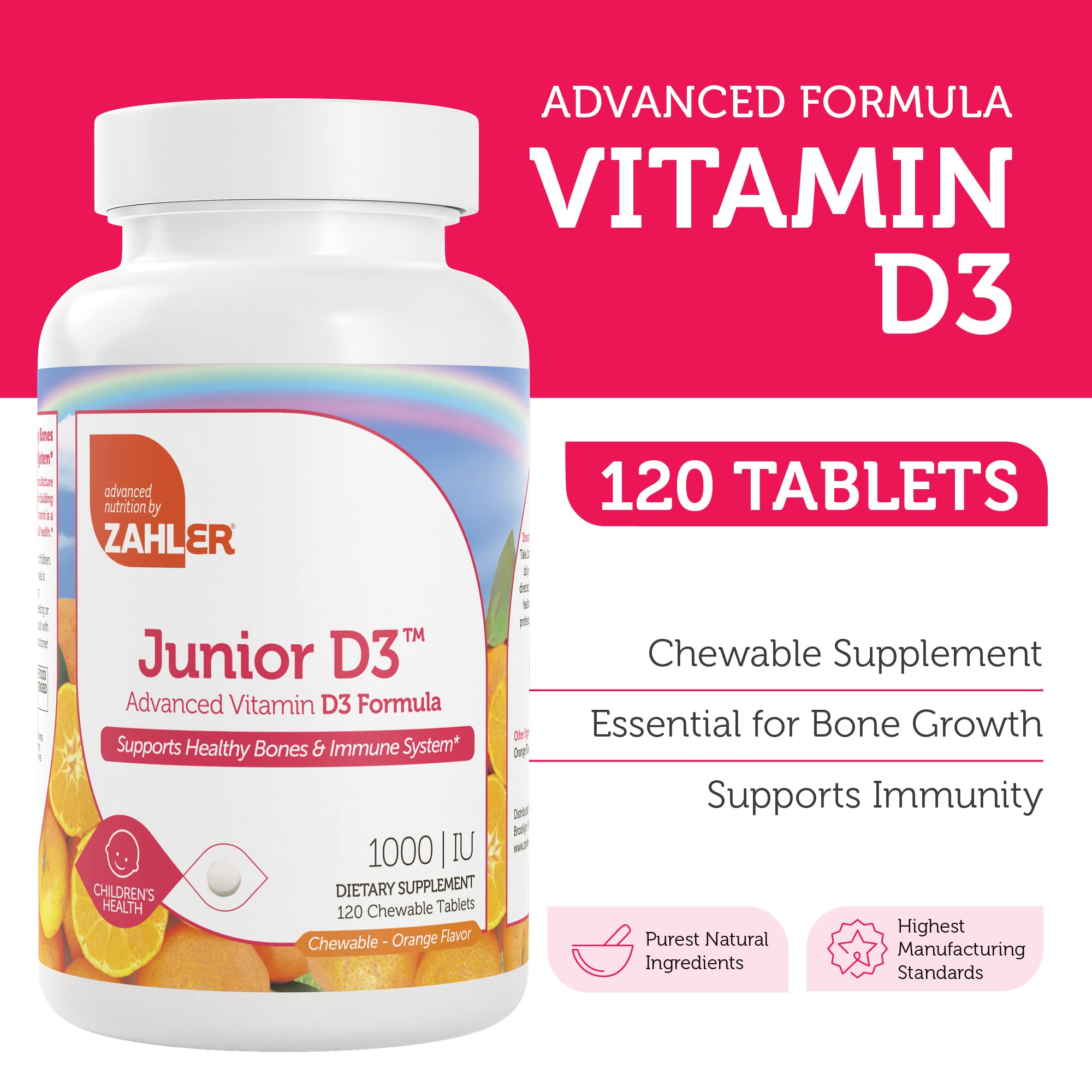 Zahler Junior D3 – comprimés a croquer pour enfant, forme pratique et faible sucre.