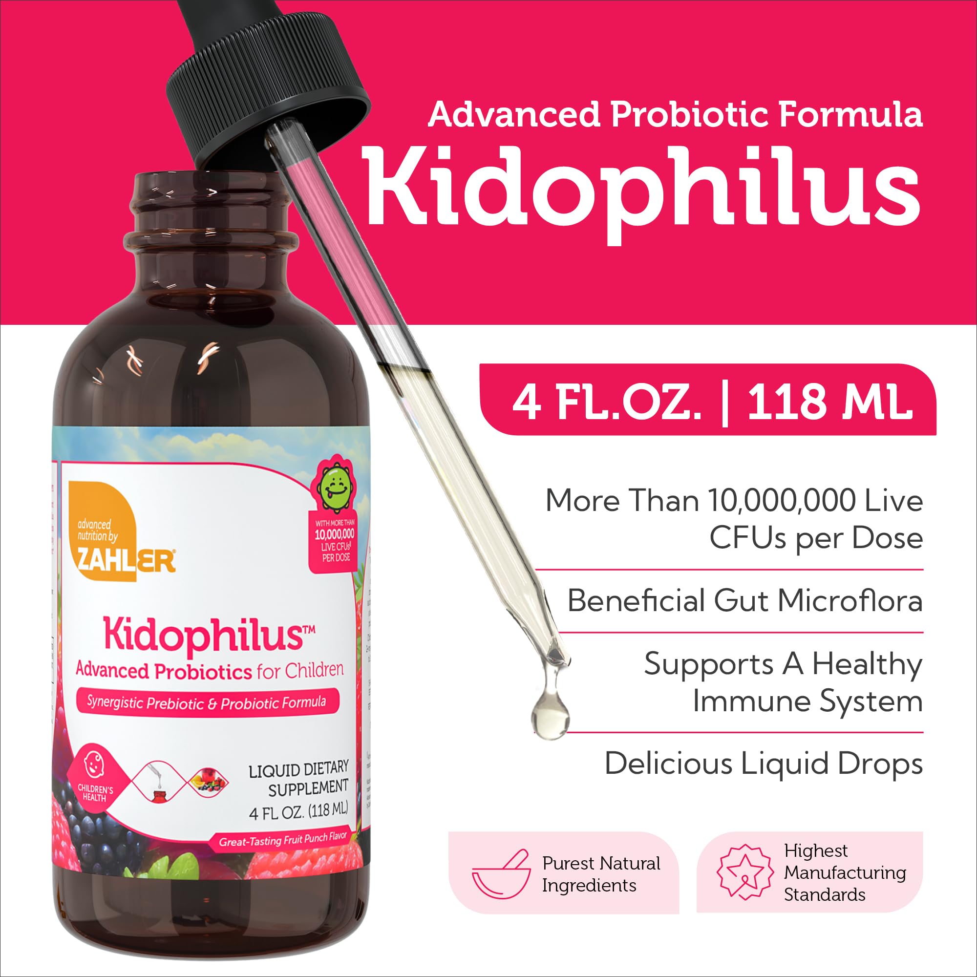 Zahler Kidophilus étiquette goût fruits-punch, informations claires et sans allergènes.