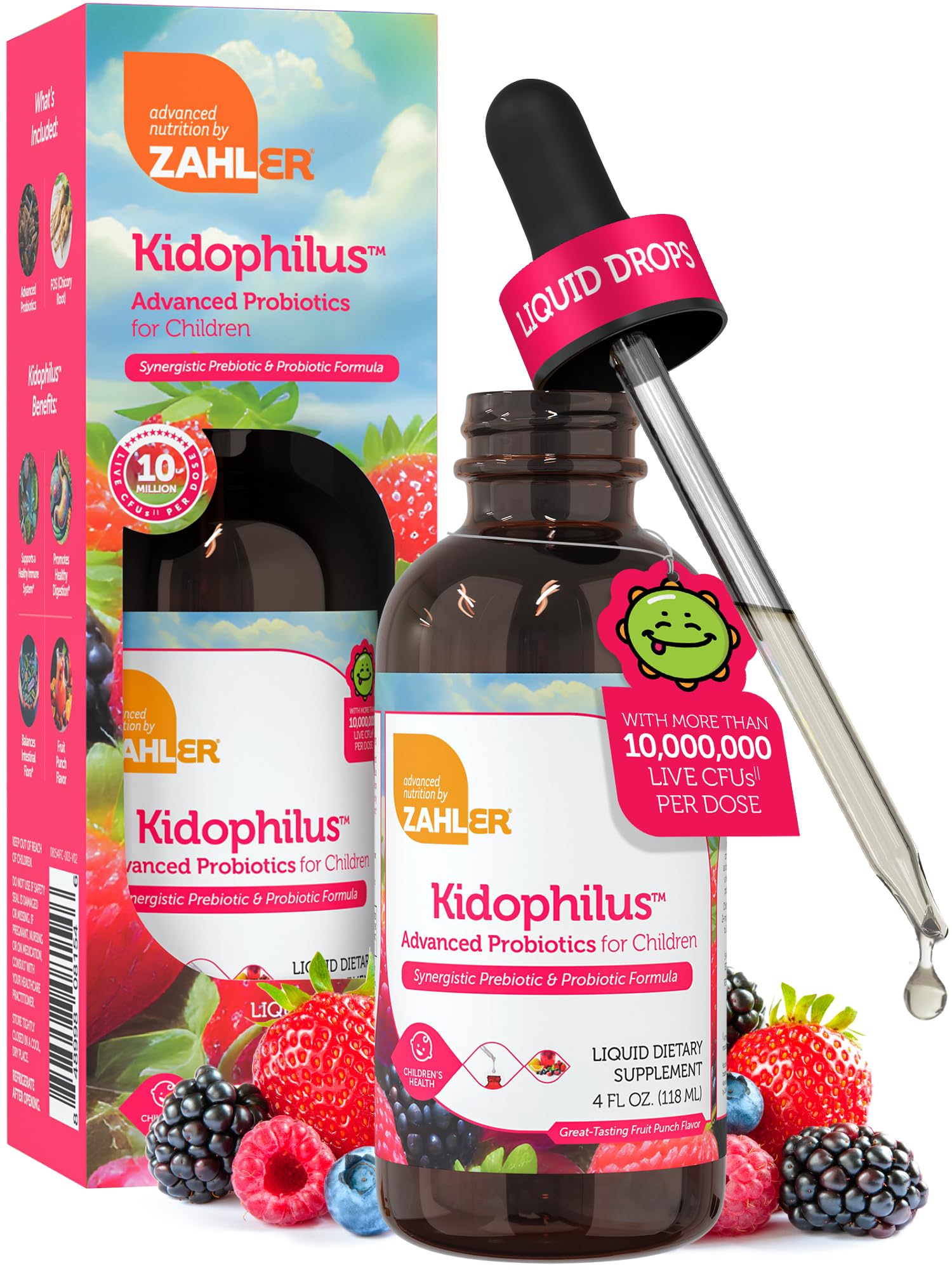 Zahler Kidophilus, bouteille de suspension fruits-punch prête à être administrée pour le bien-être digestif des enfants.
