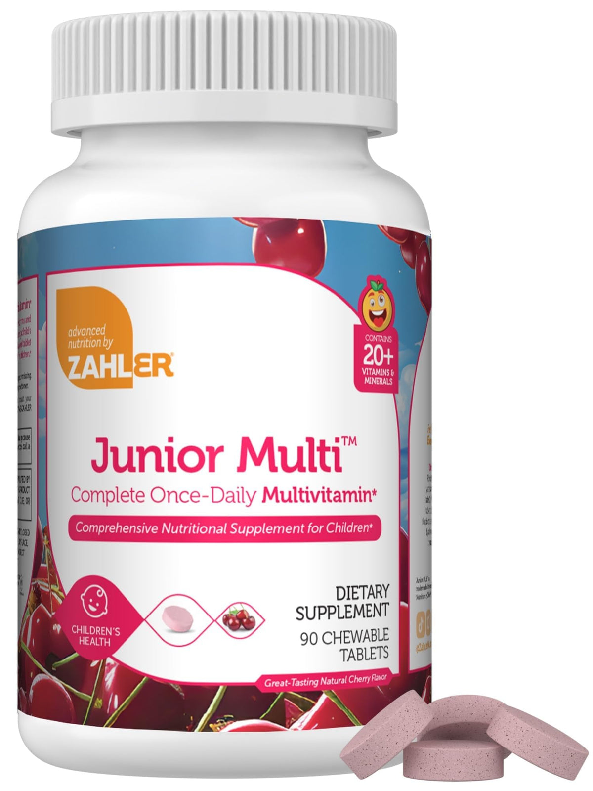 Zahler Kids Multivitamin emballage cerise: goût naturel sans sucre ajouté.