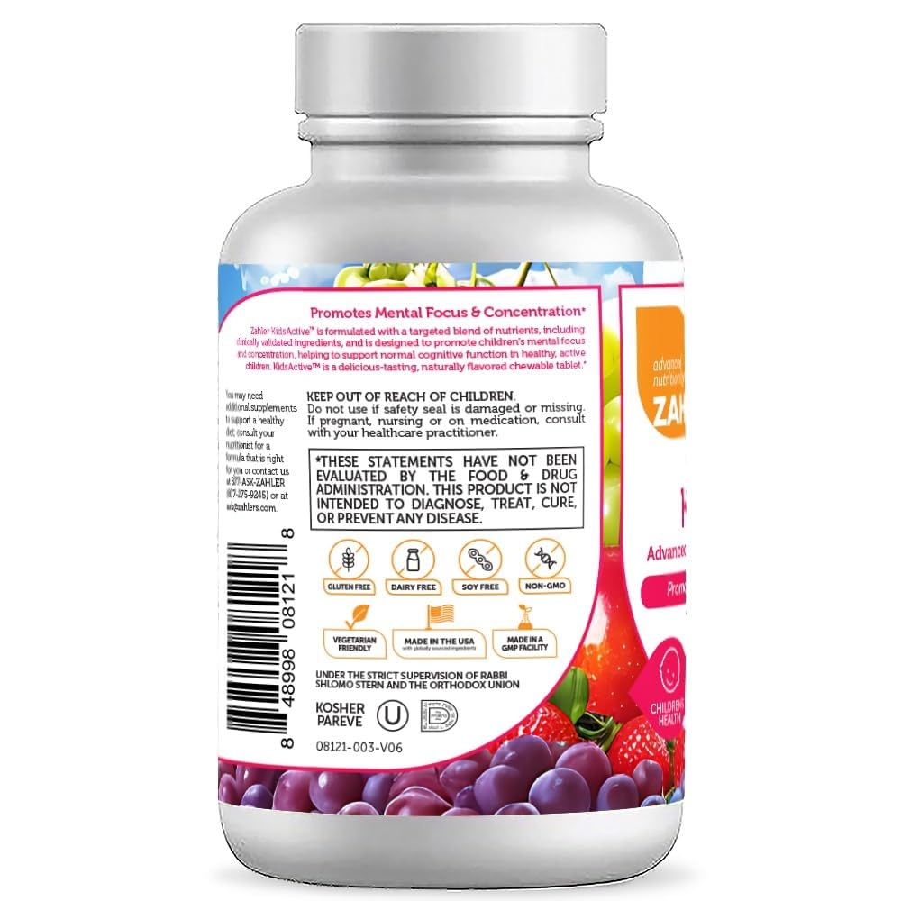 Étiquette Zahler KidsActive montrant les vitamines et minéraux pour la concentration.