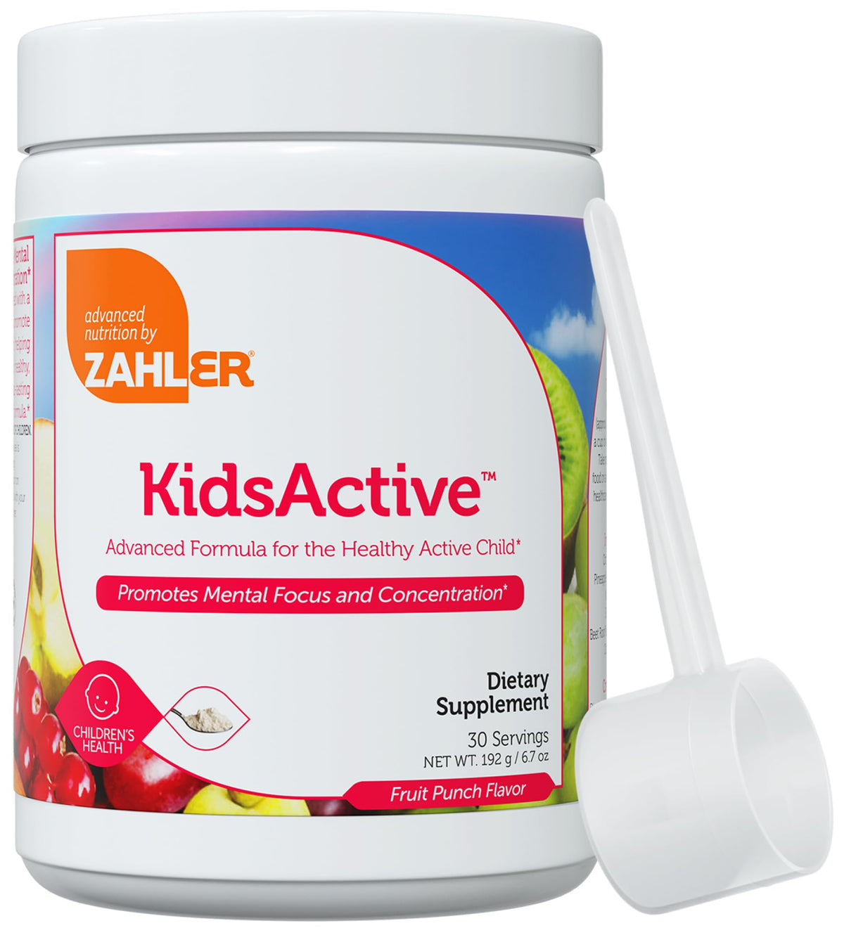 Zahler KidsActive poudre concentration au goût Fruit Punch, soutien potentiel à la concentration.