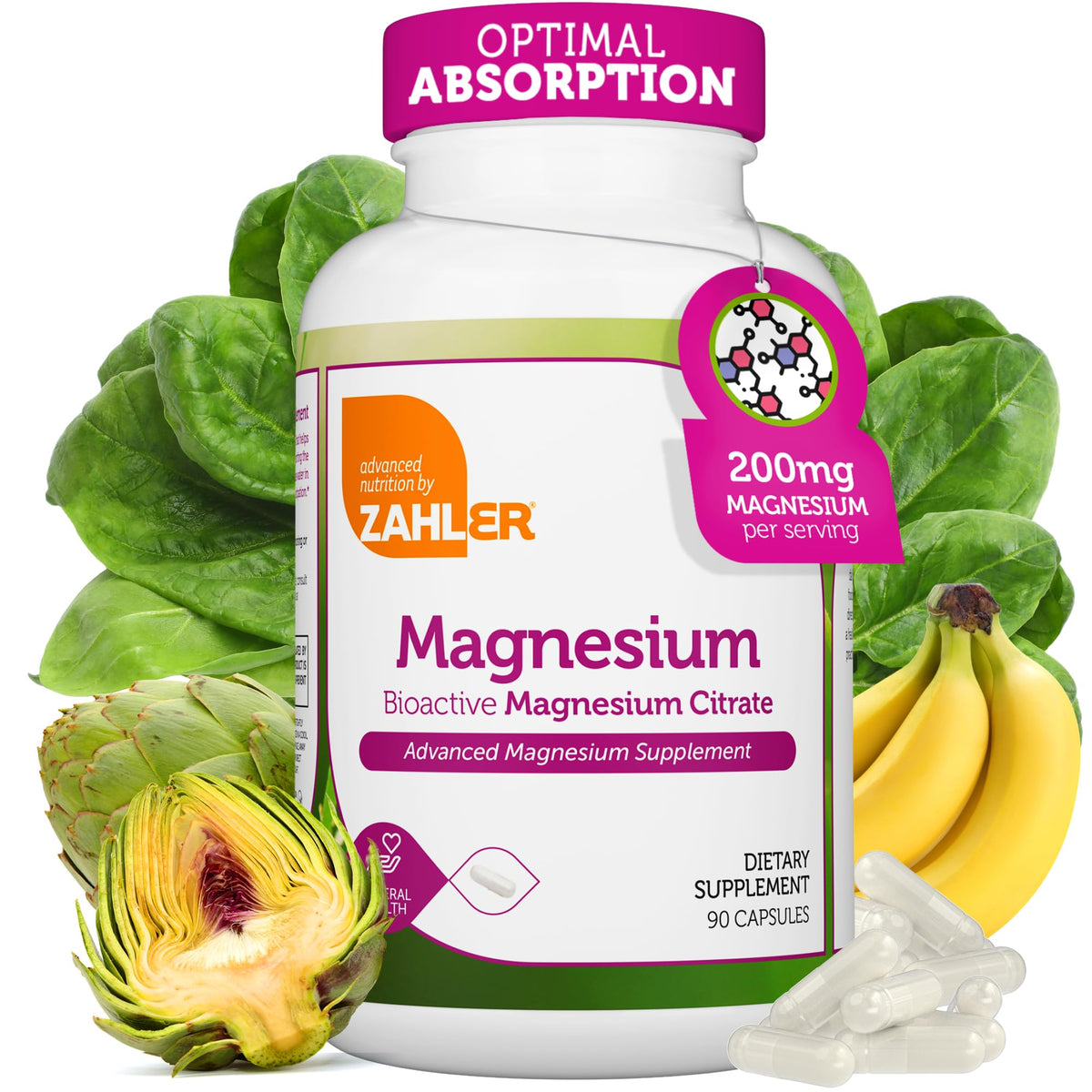 Capsules Zahler Magnésium Citrate dans une bouteille, soutien énergie et muscles.