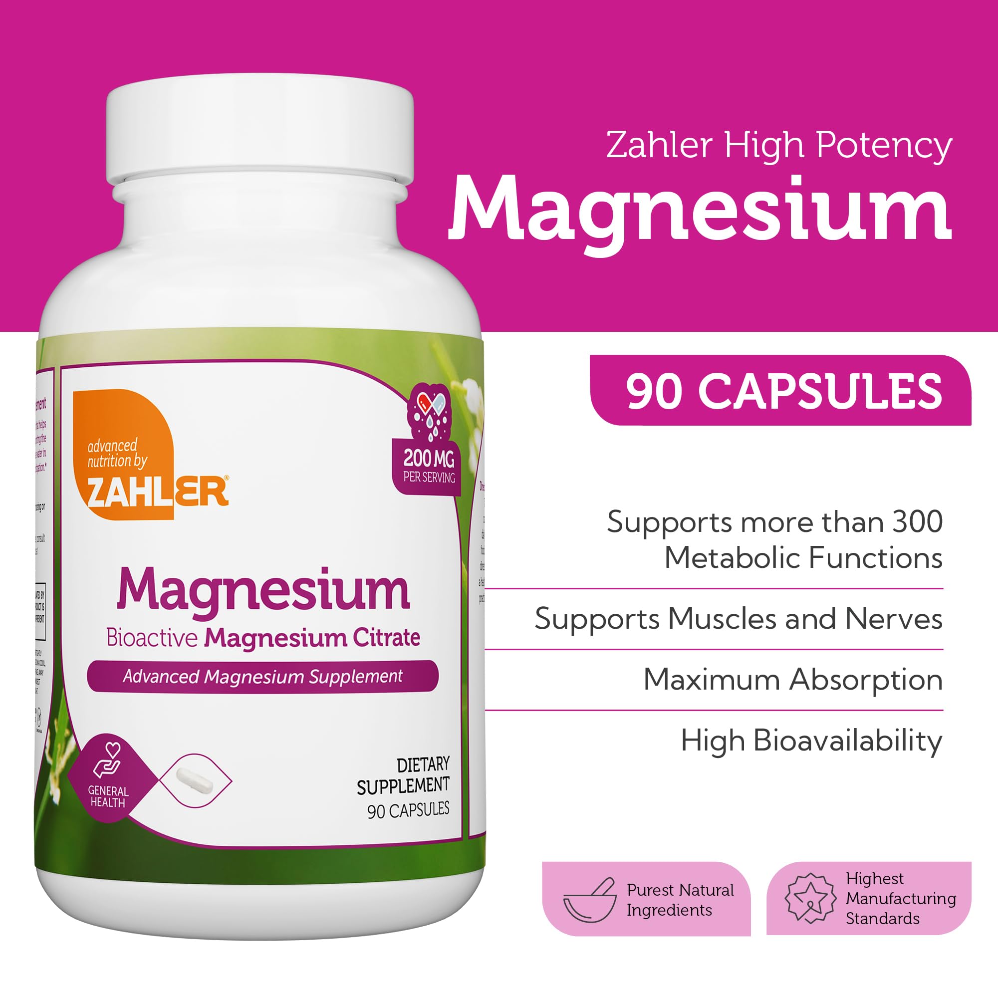 Étiquette Zahler Magnésium Citrate sans arôme, intégration facile au quotidien.
