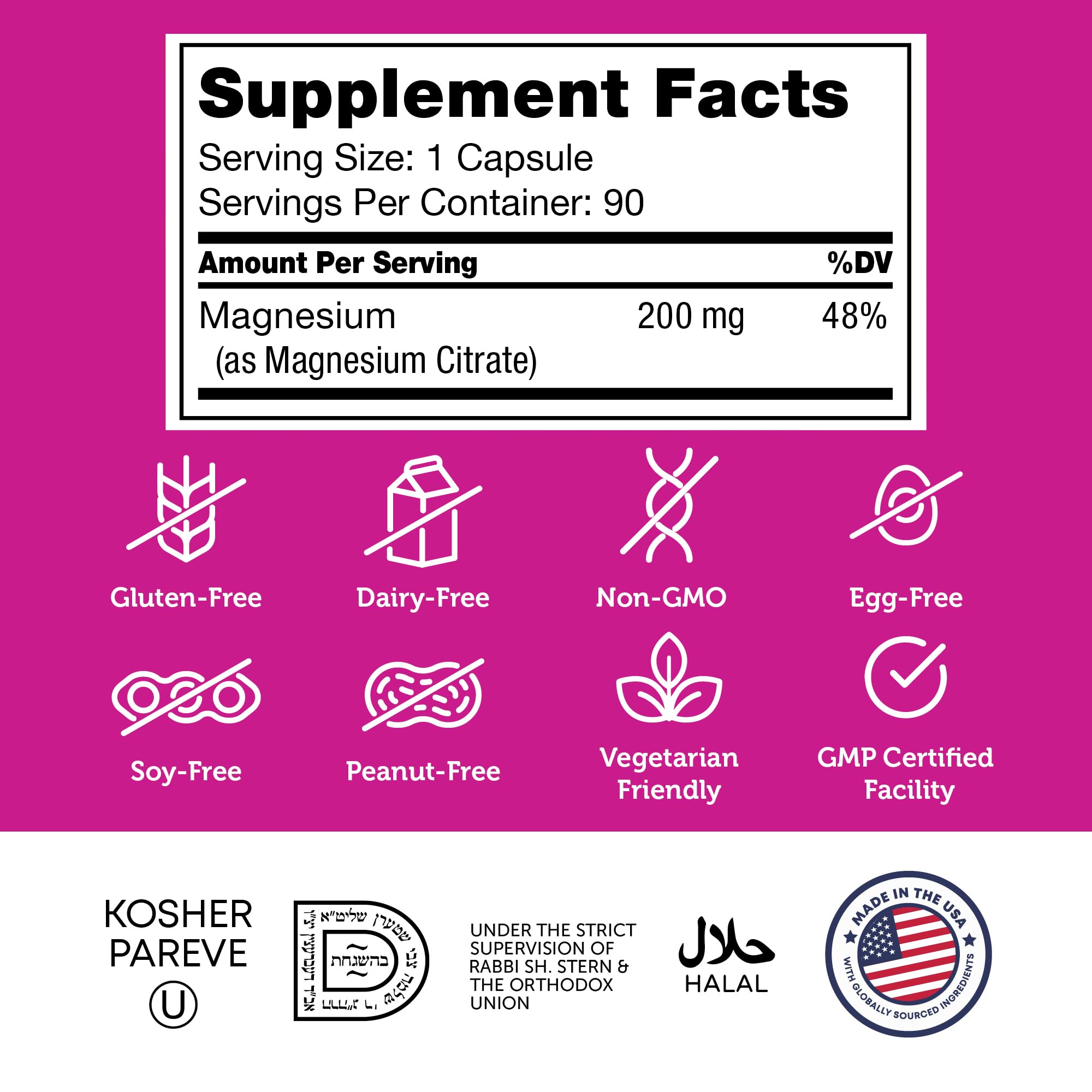 Boîte Zahler Magnésium Citrate, sans gluten, sans lactose et sans soja.