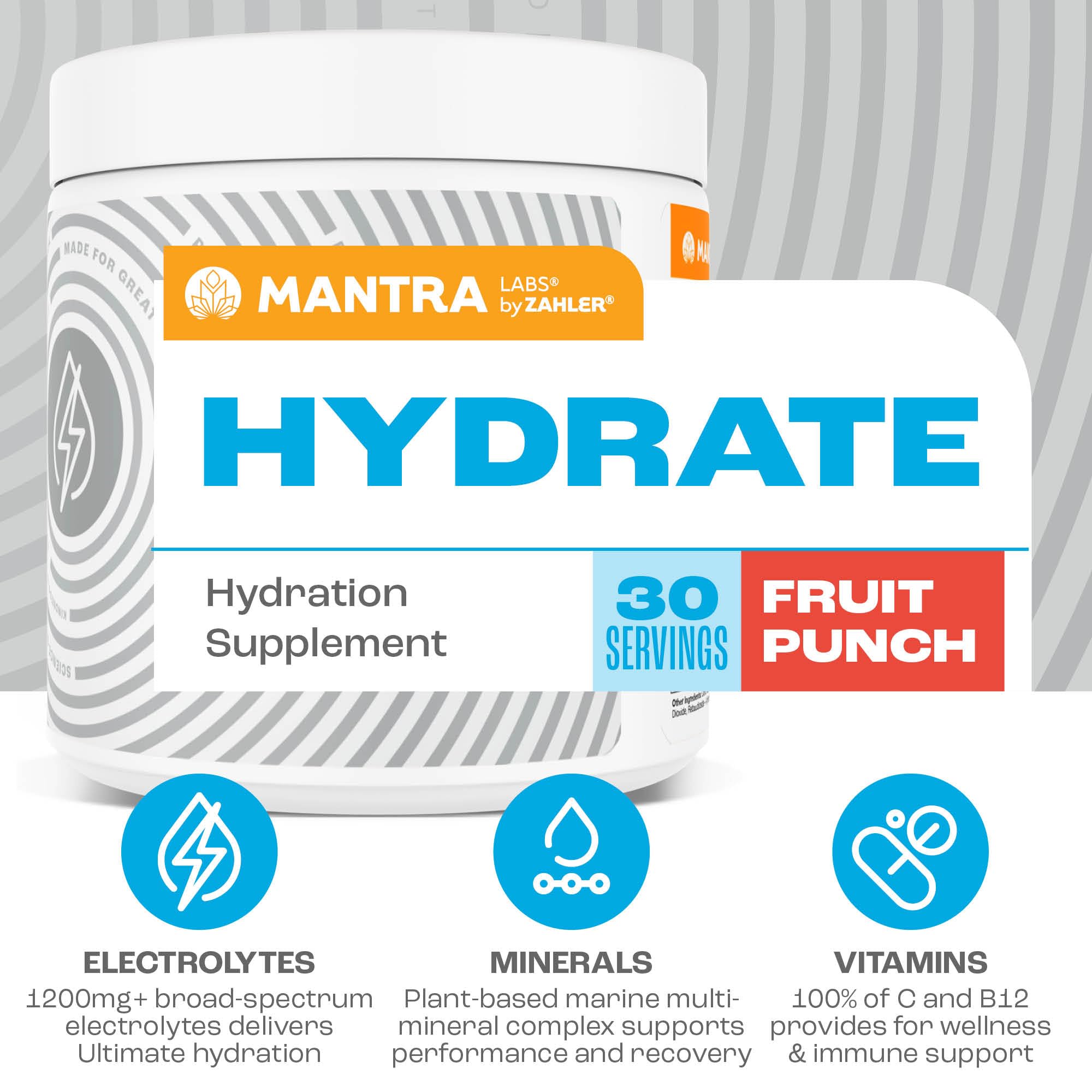 Zahler Mantra Hydrate – Poudre goût punch aux fruits, électrolytes équilibrés pour performance durable.