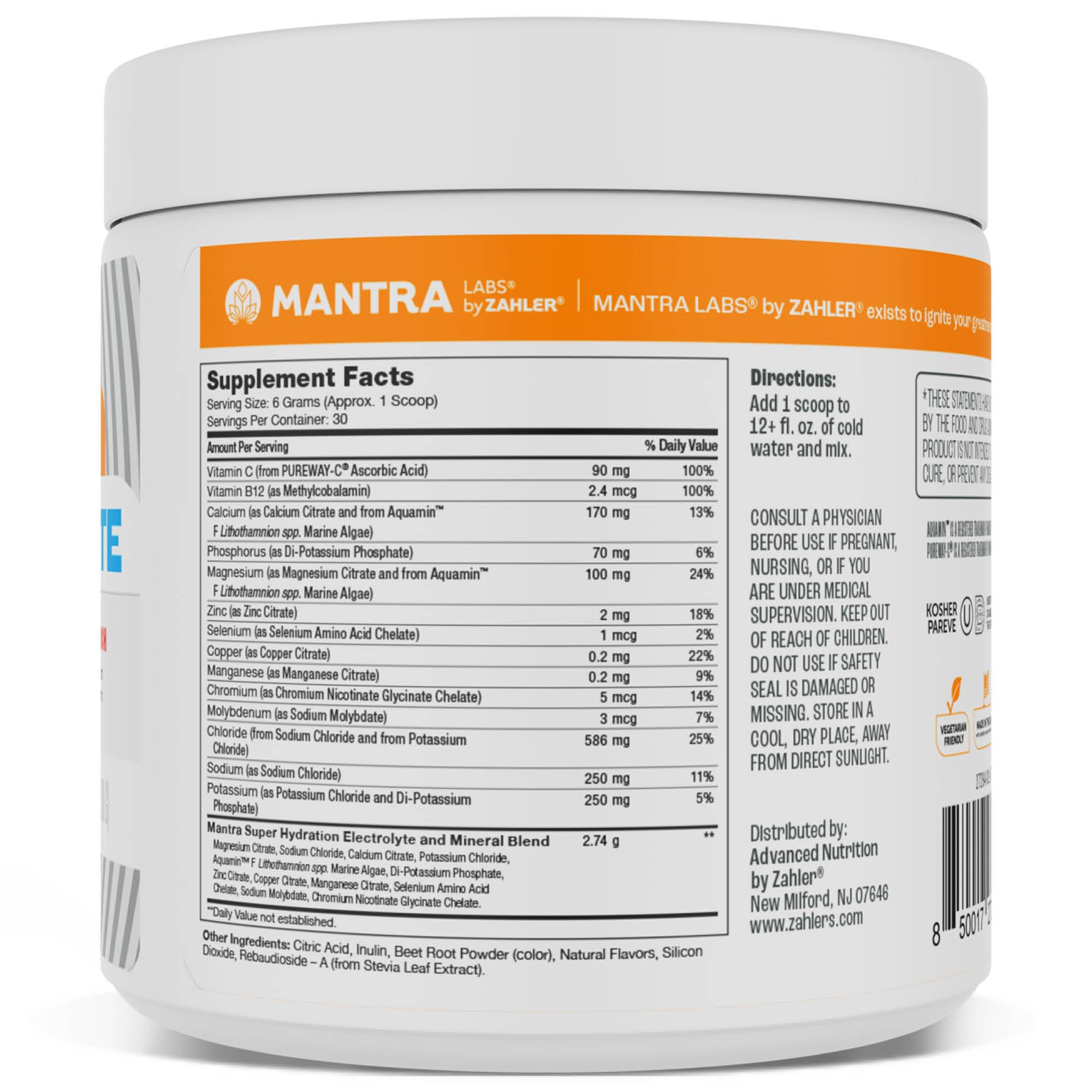 Zahler Mantra Hydrate – Sachet goût punch aux fruits, formule sans sucre pour énergie sans pic.