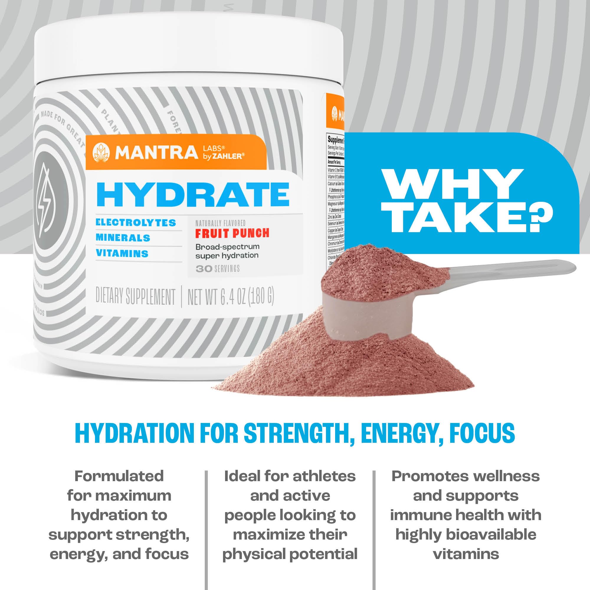 Zahler Mantra Hydrate – Utilisation pré-entraînement pour réhydrater rapidement et rester concentré.