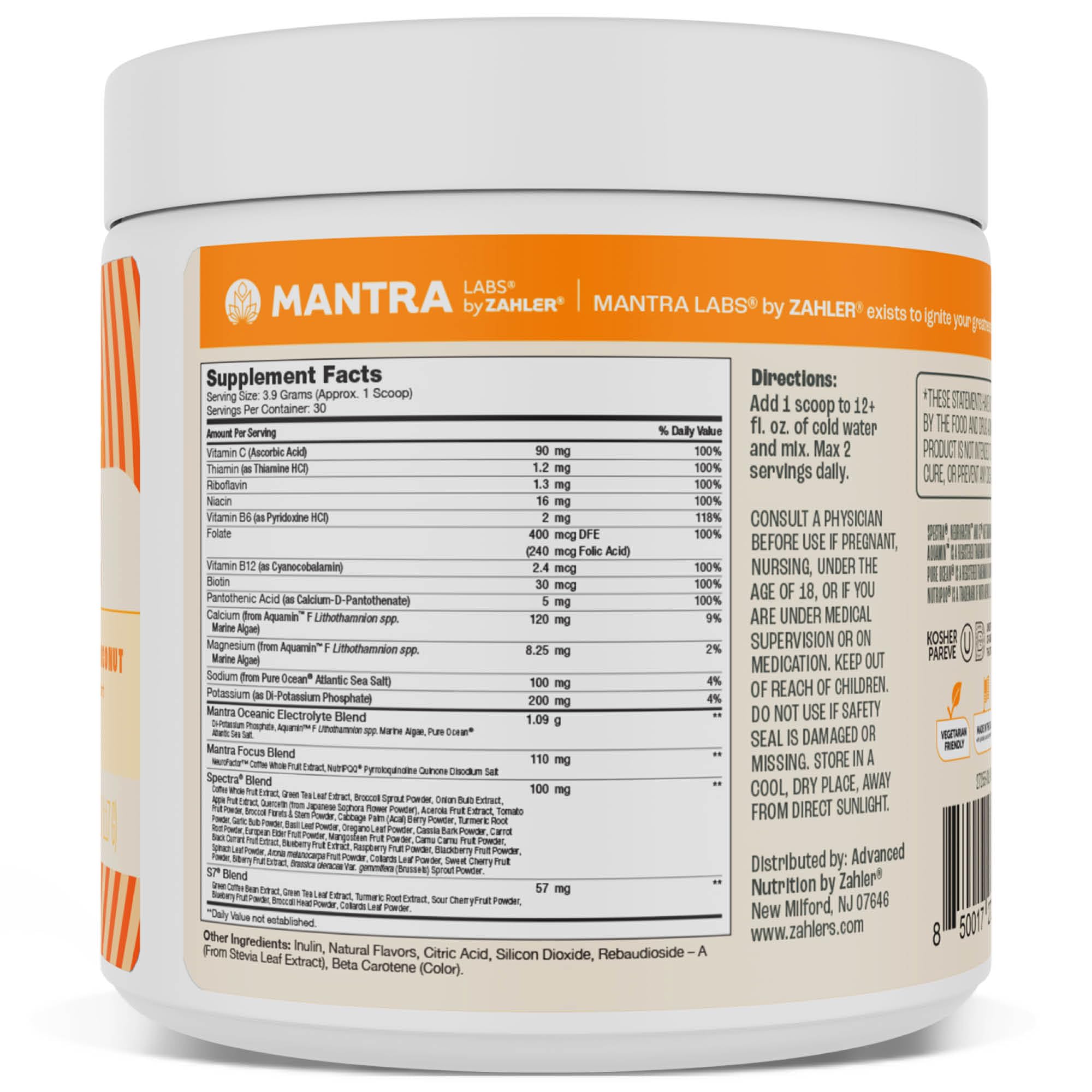 Zahler Mantra Rise: etiquette nutrition affiche les nutriments essentiels pour l'énergie