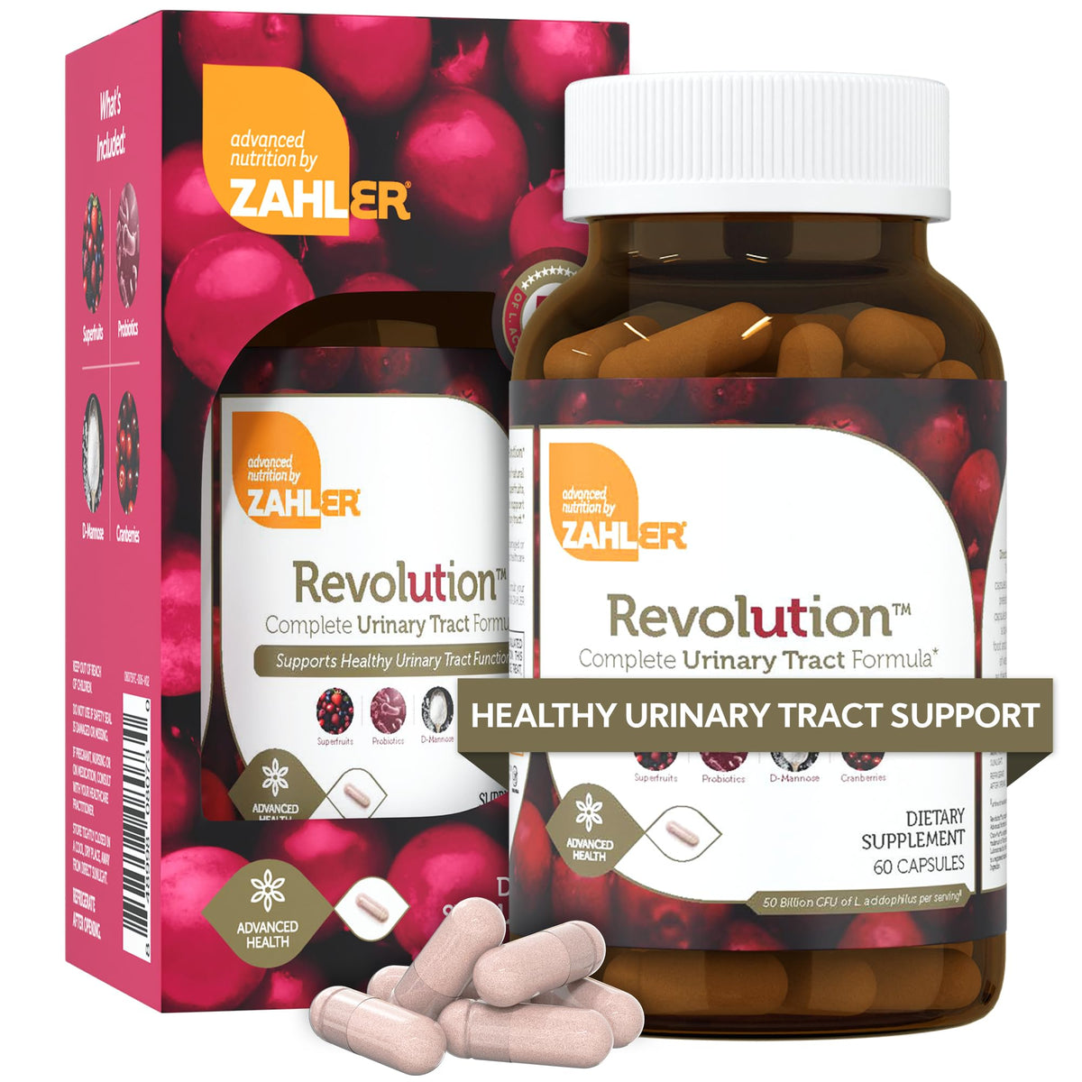 Zahler Revolution — bouteille avec étiquette, soutien potentiel à la santé urinaire féminine.