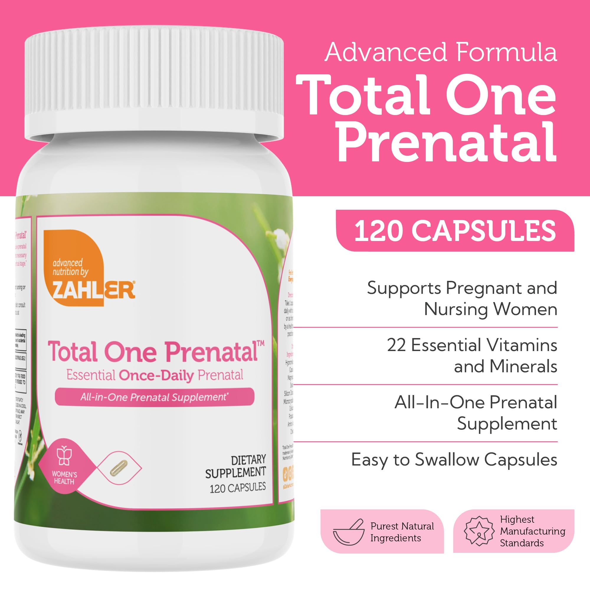 Zahler Total One Prenatal, capsules faciles à avaler pour la complémentation quotidienne.