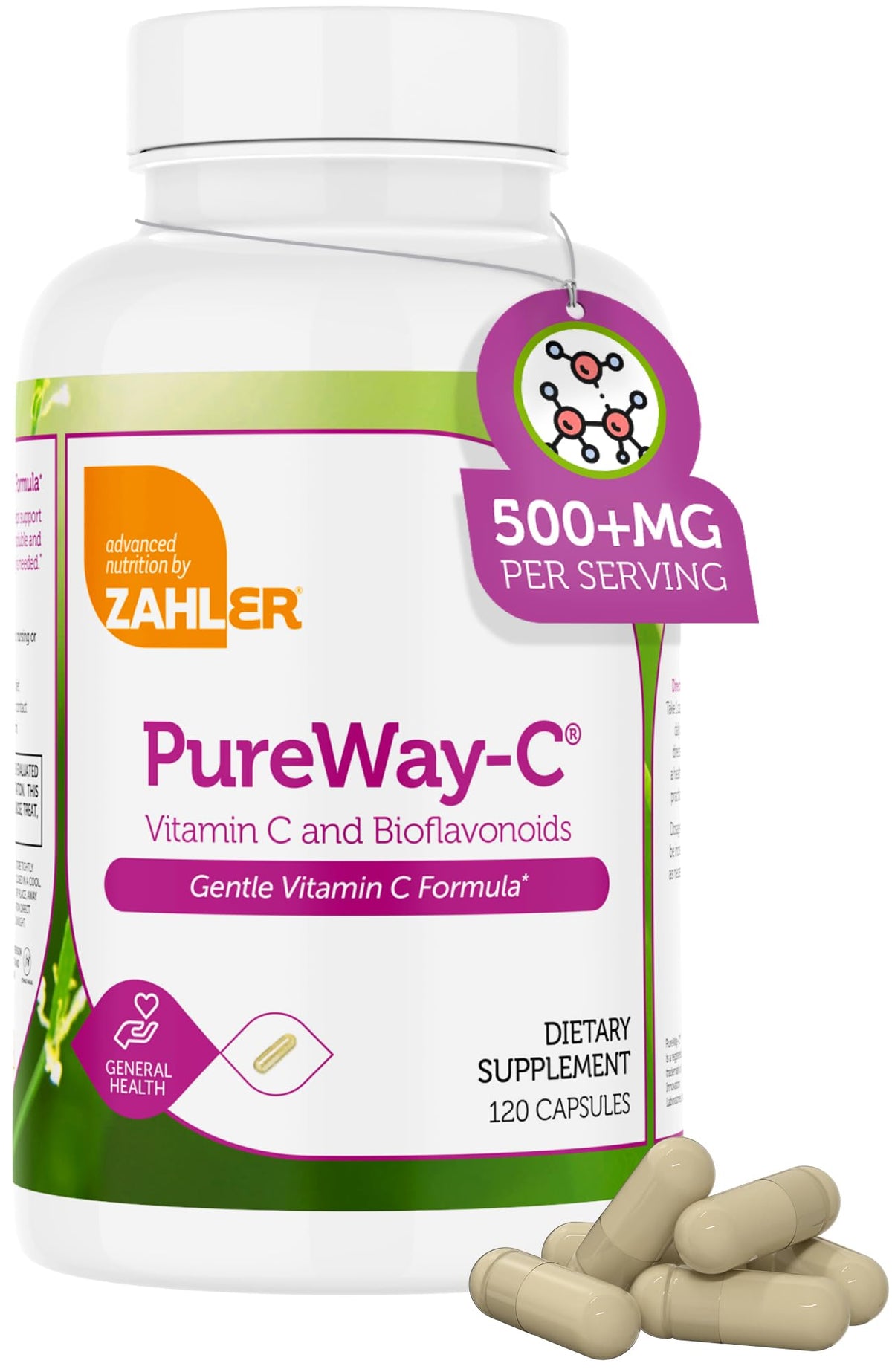 Zahler vitamine C 500 mg avec bioflavonoïdes — bouteille lumineuse pour soutien immunitaire potentiel.