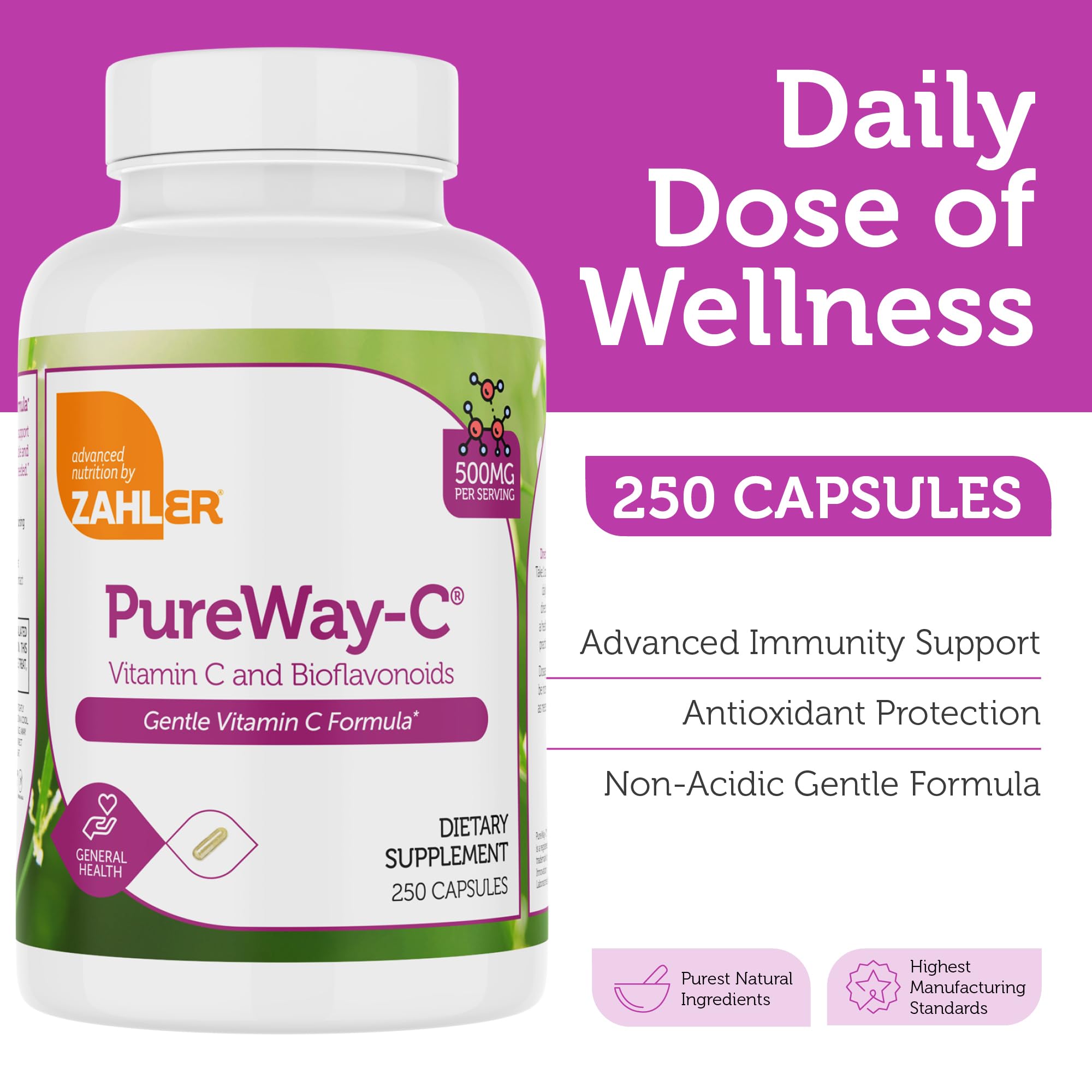 Gélules Zahler Vitamine C 500 mg, faciles à digérer, formule douce pour l'estomac.