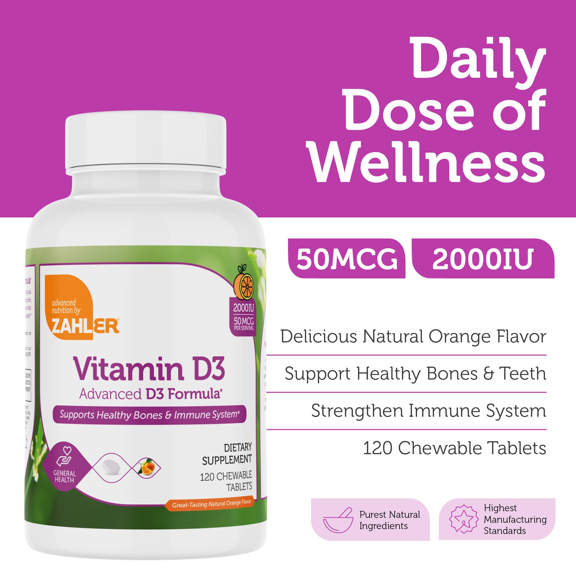 Zahler Vitamin D3 bouteille 120 tablettes, format pratique pour usage quotidien.