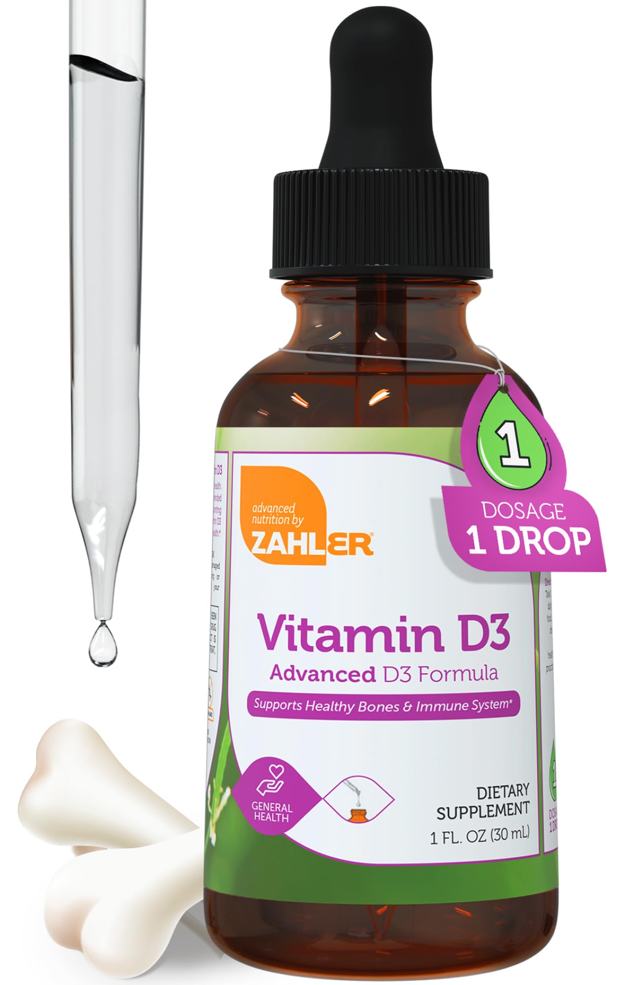 Zahler Vitamine D3 liquide: bouteille et pipette, dosage pratique.