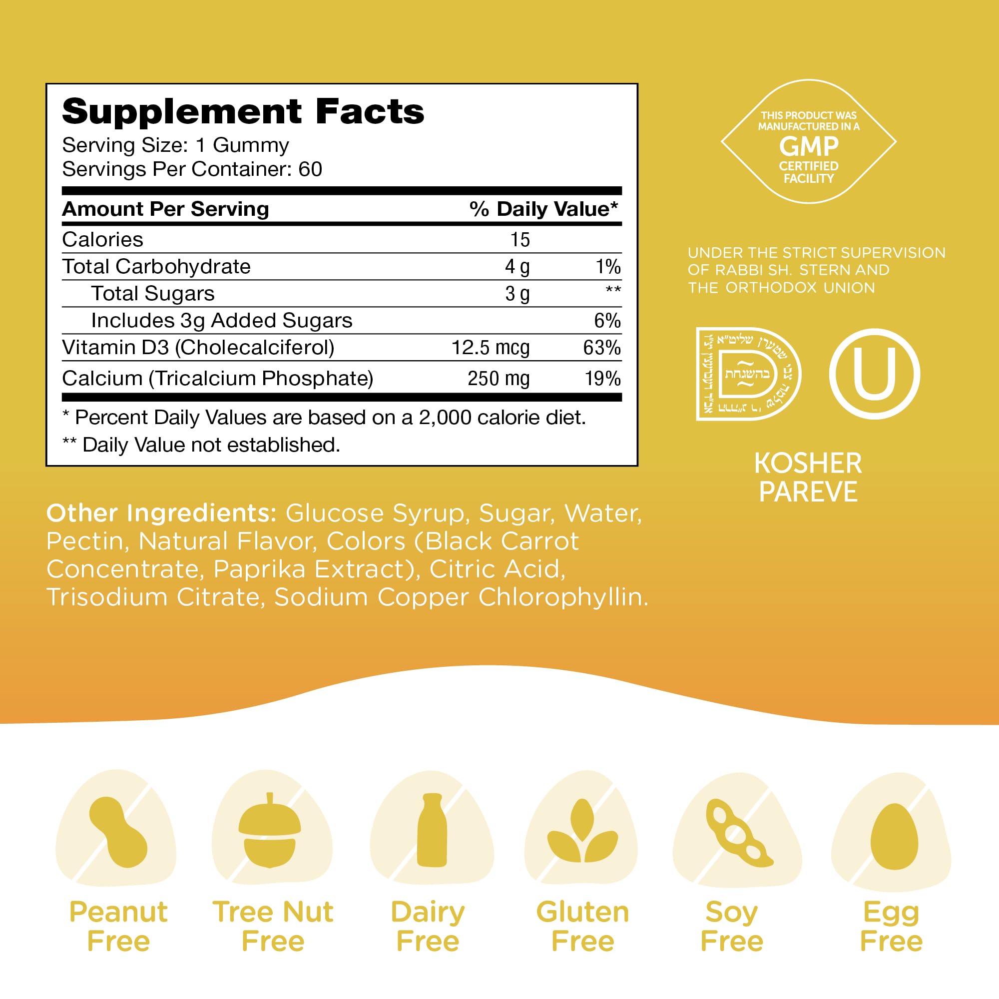 Zahler Yummy Enfants Calcium Gummies — logo Non-OGM affiché pour choix éclairé.