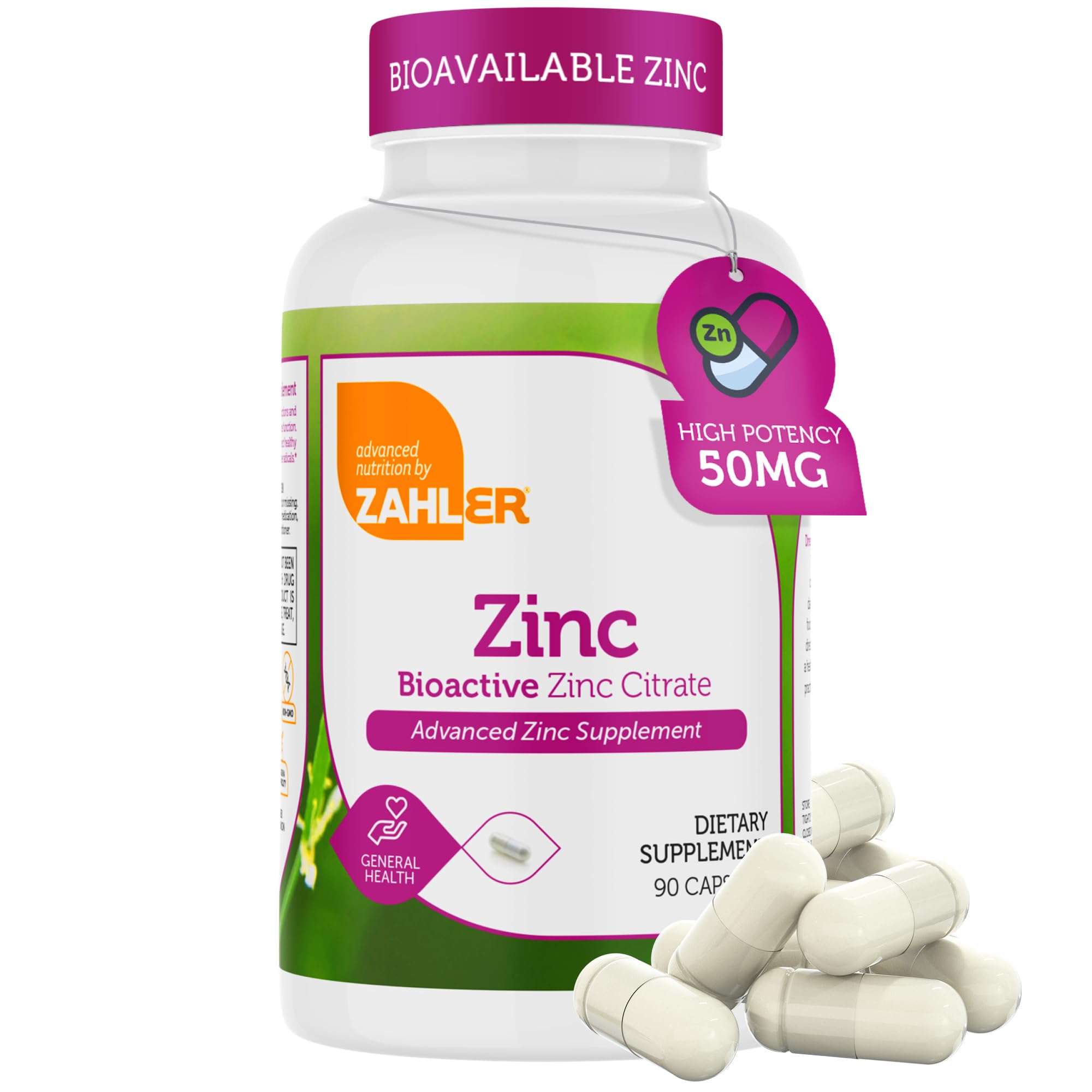Zahler Zinc 50 mg en bouteille, soutien potentiel à l'énergie et à l'immunité.