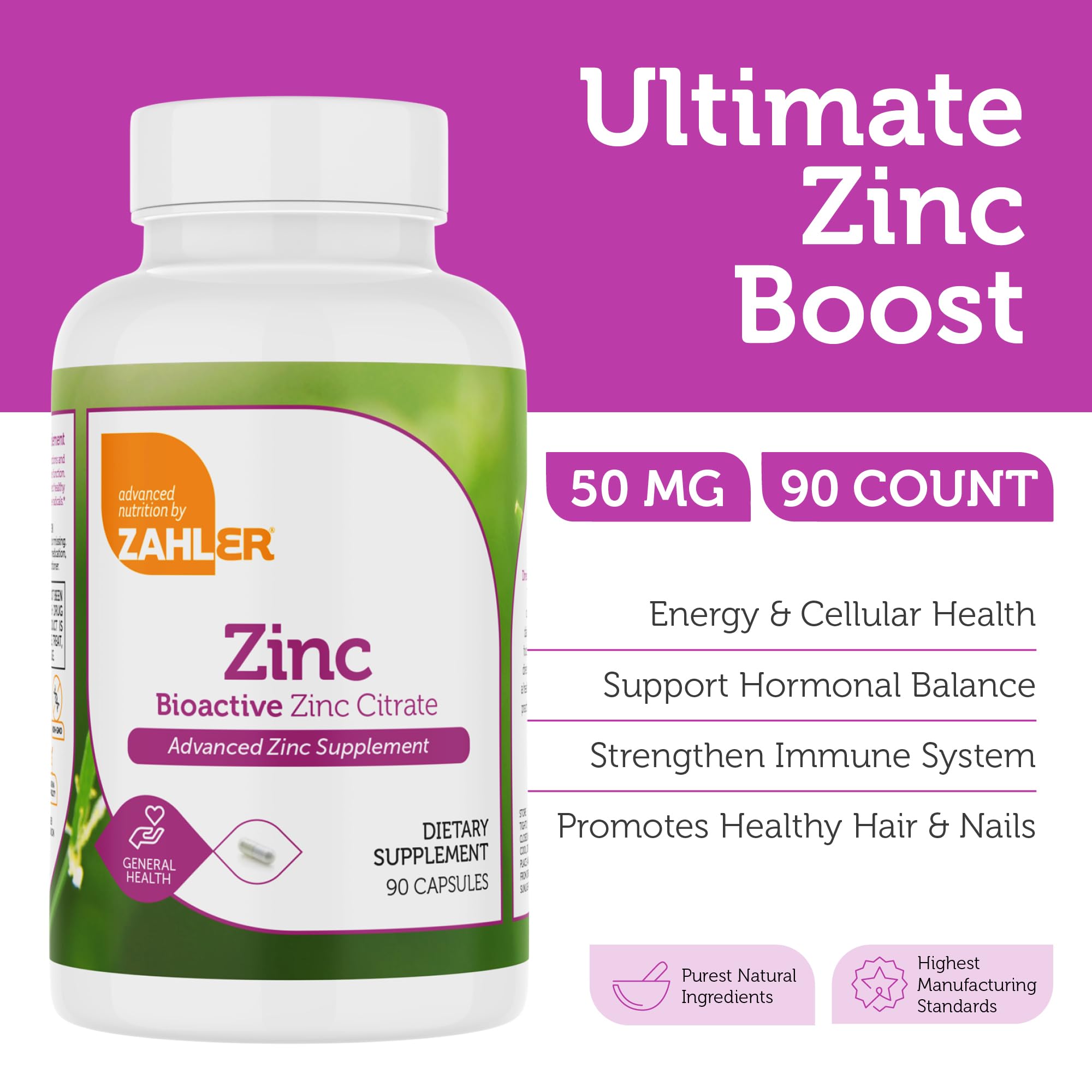 Capsules Zahler Zinc 50 mg, forme bioactive pour une absorption efficace.