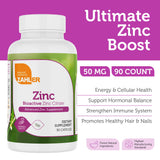 Capsules Zahler Zinc 50 mg, forme bioactive pour une absorption efficace.
