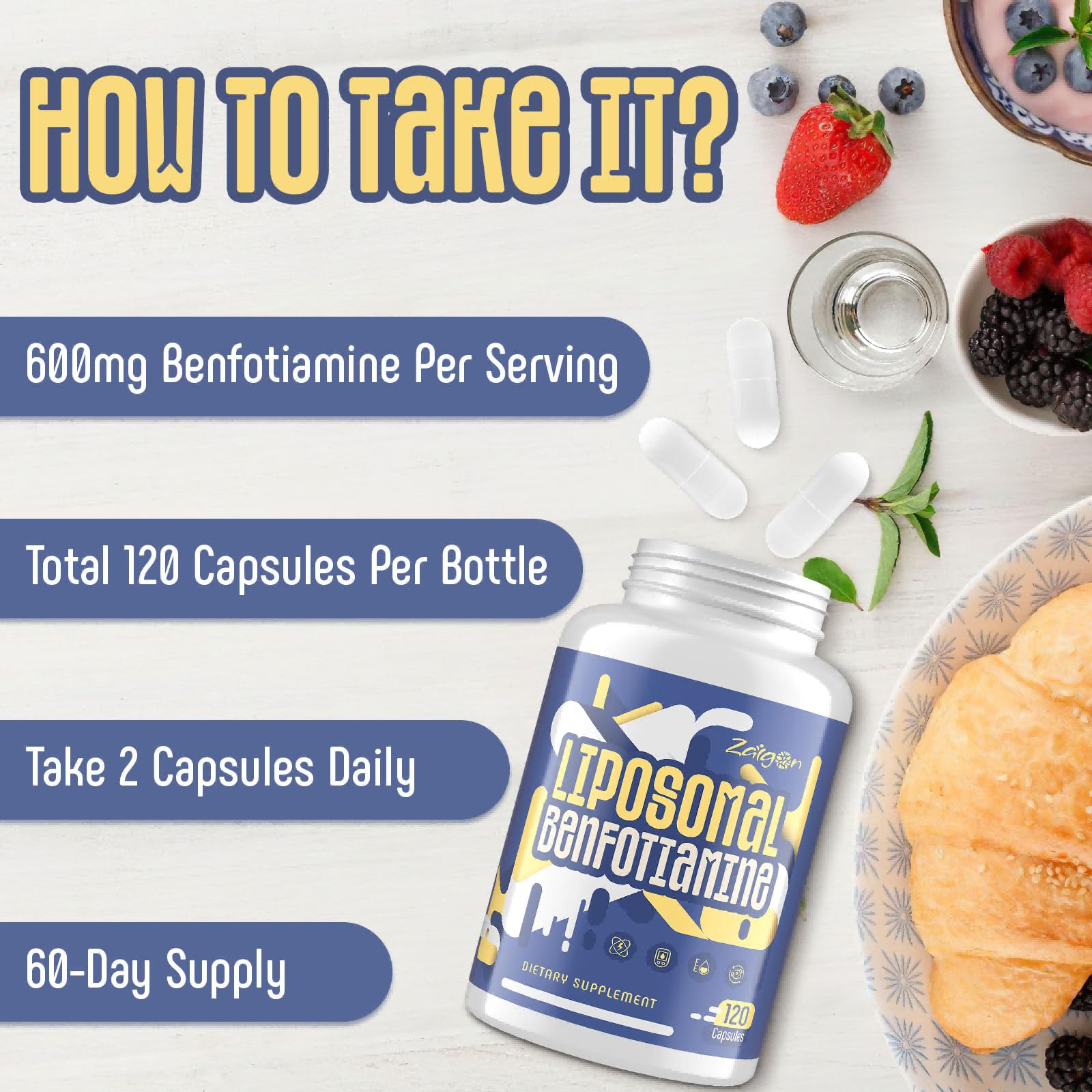 Soutien métabolique du glucose Zaigon Benfotiamine et alpha-lipoïque.