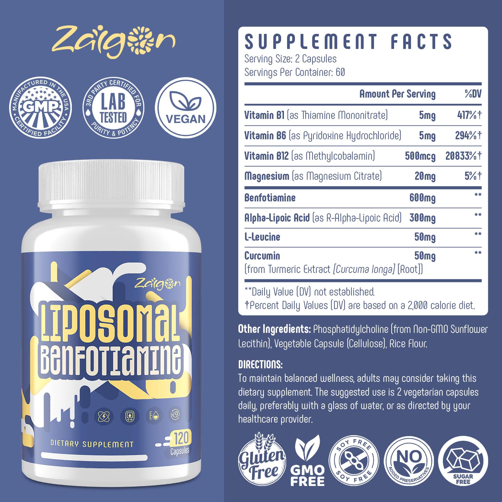 Soutien nerveux Zaigon Benfotiamine avec vitamine B6 et magnésium.