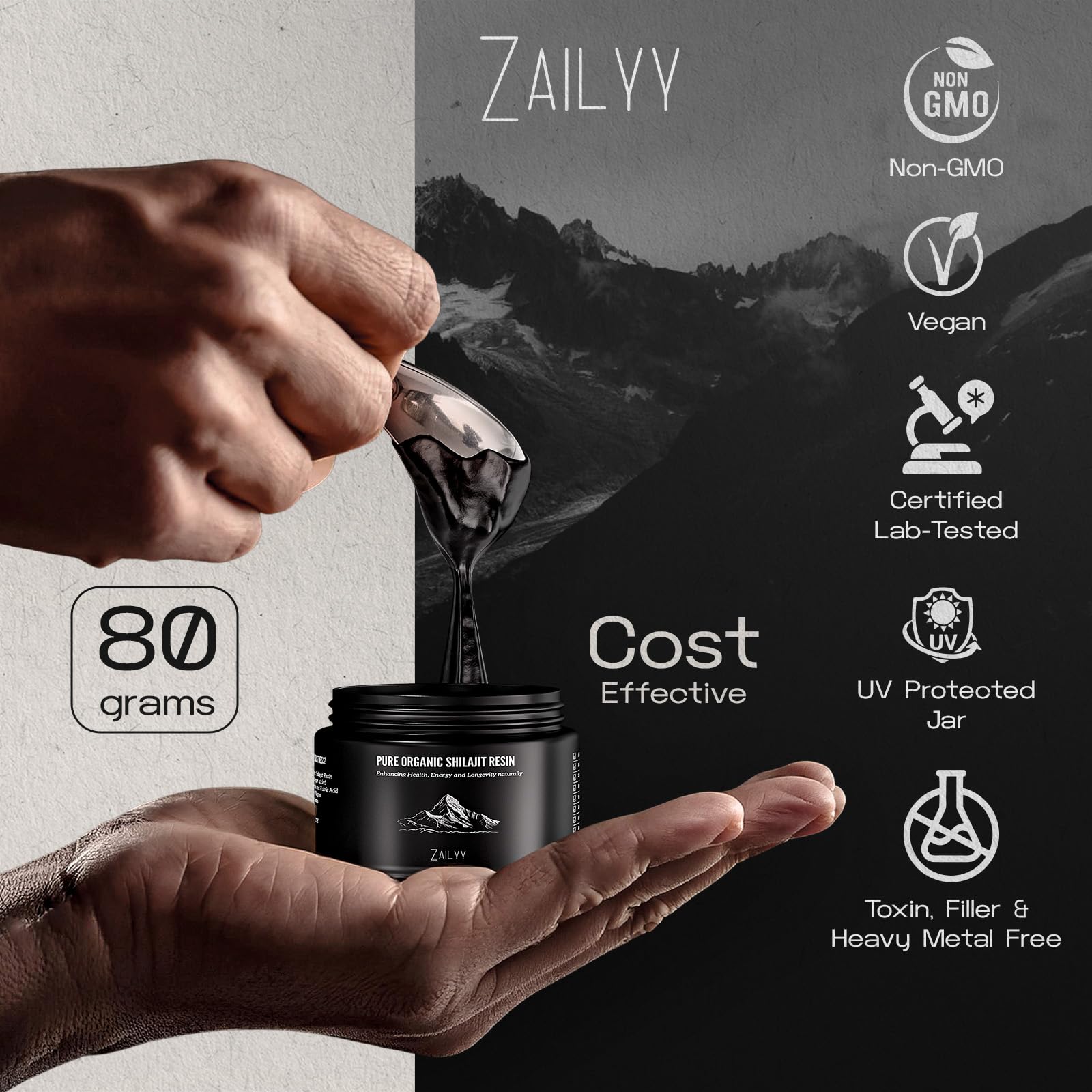 Énergie et vitalité potentielle avec ZAILYY Shilajit résine.