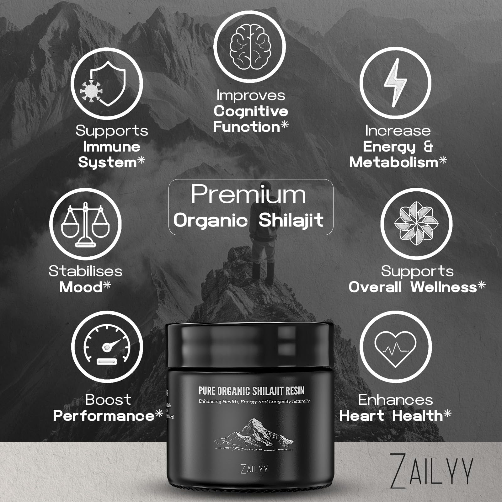 Minéraux traces ZAILYY Shilajit résine, zinc et magnésium inclus.