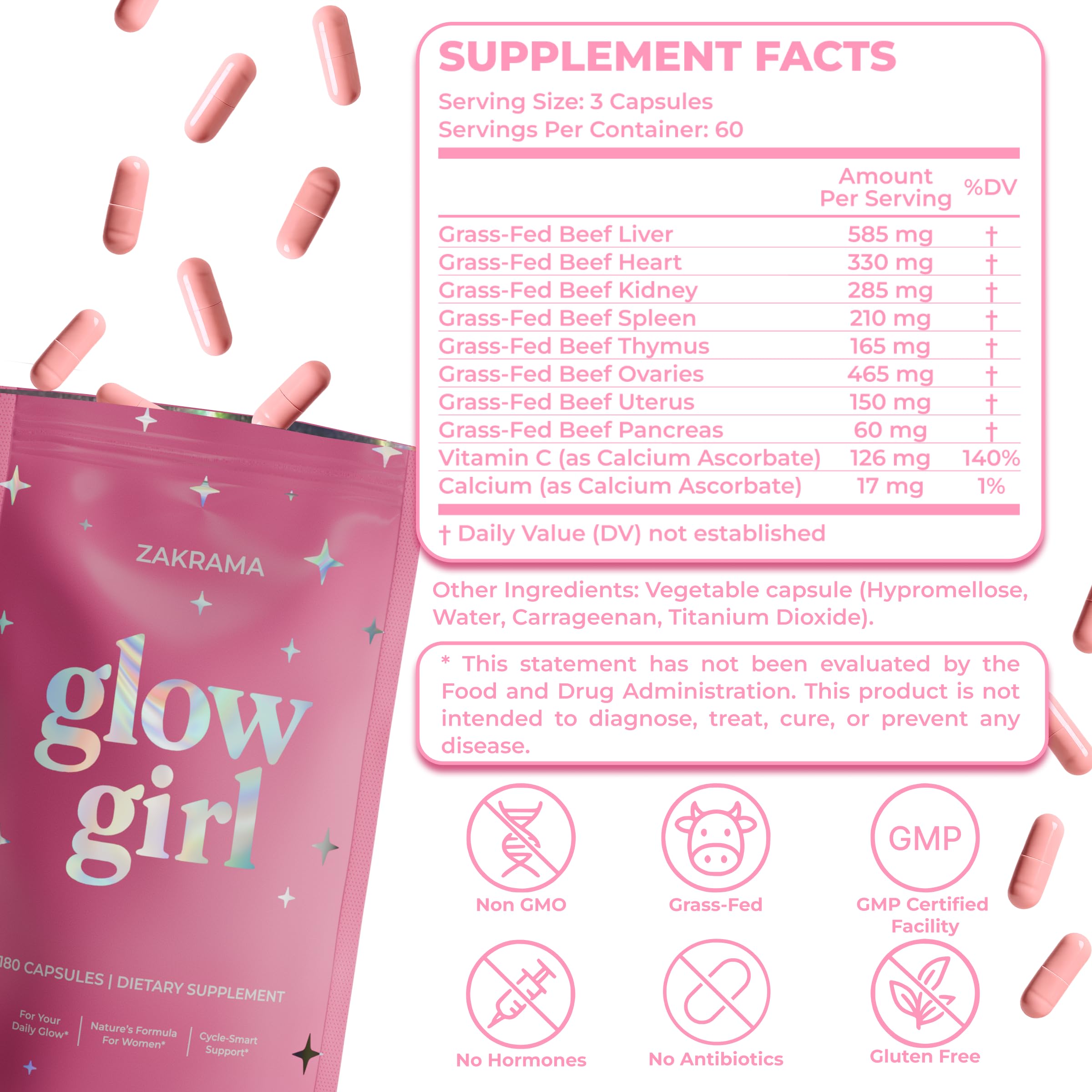 Zakrama Glow Girl : tableau nutriments B‑complexe pour soutien métabolique et humeur