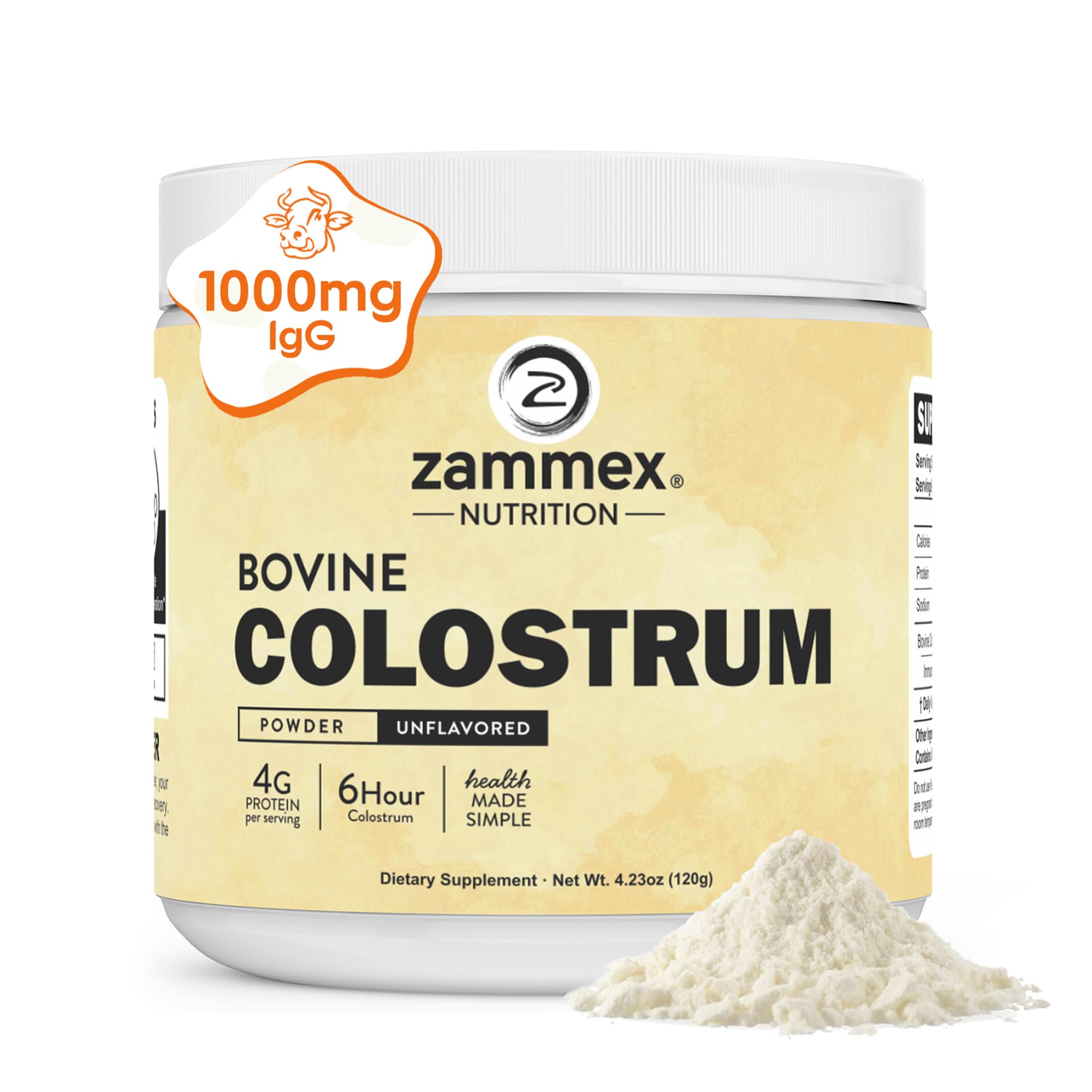 Colostrum Zammex en bouteille ouverte, prêt à être utilisé au quotidien.