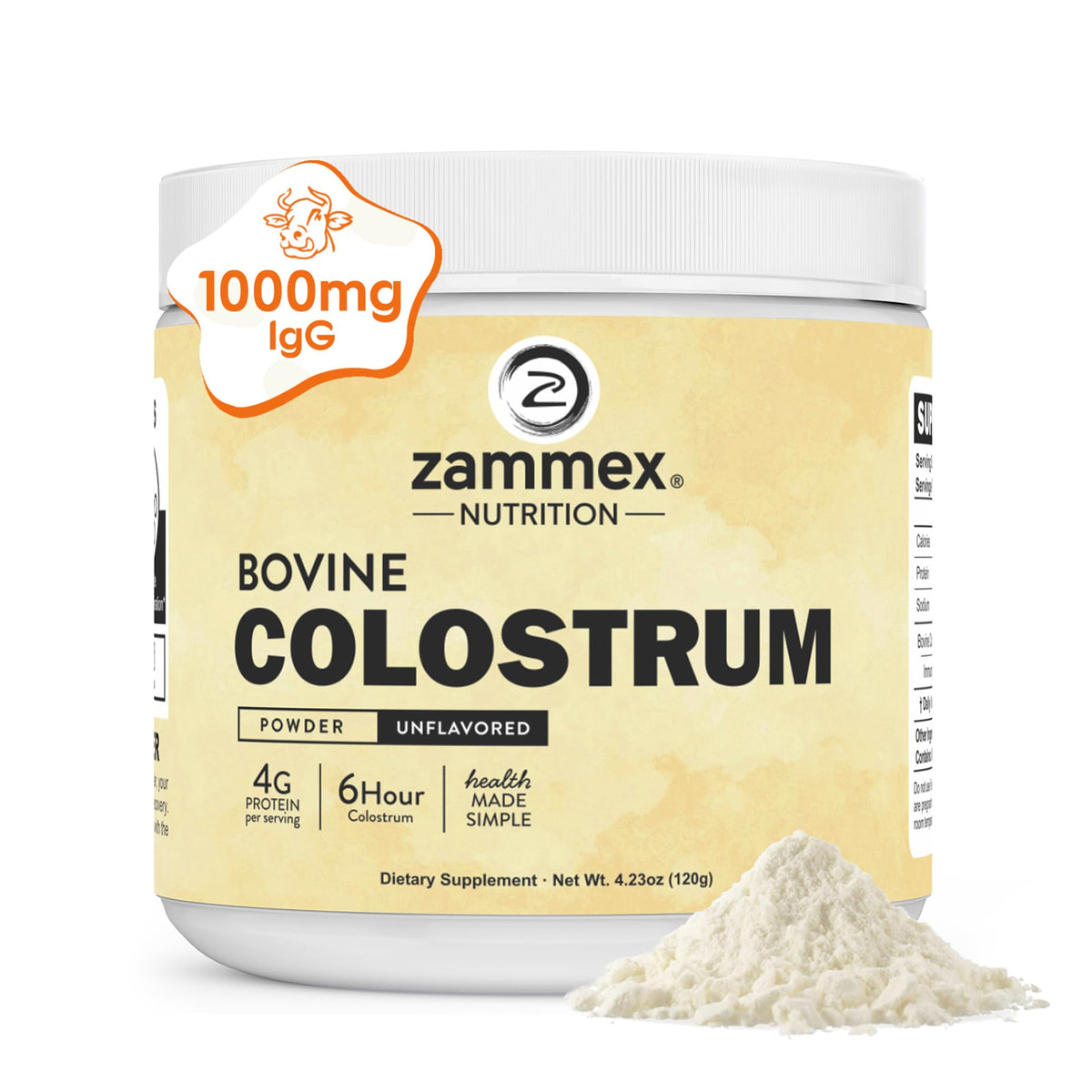 Colostrum Zammex en bouteille ouverte, prêt à être utilisé au quotidien.