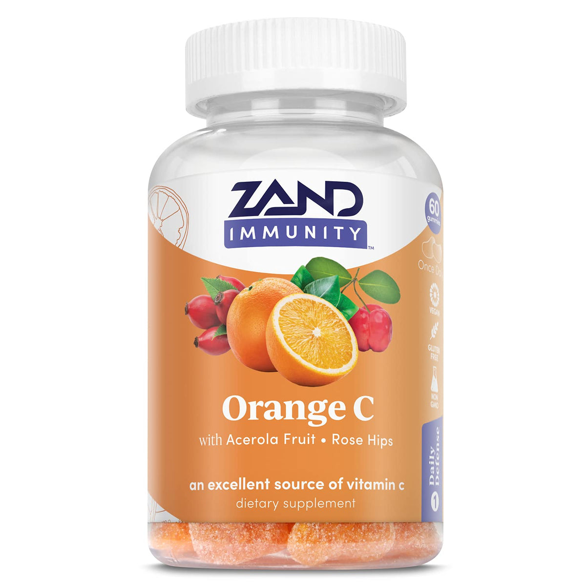 Emballage du ZAND Immunity Orange Gummies, pratique et facile à emporter.