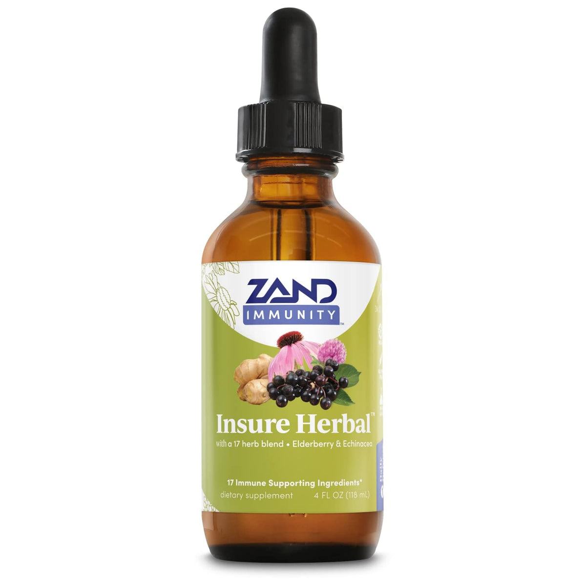 ZAND Insure flacon montrant 17 herbes pour un soutien potentiel.