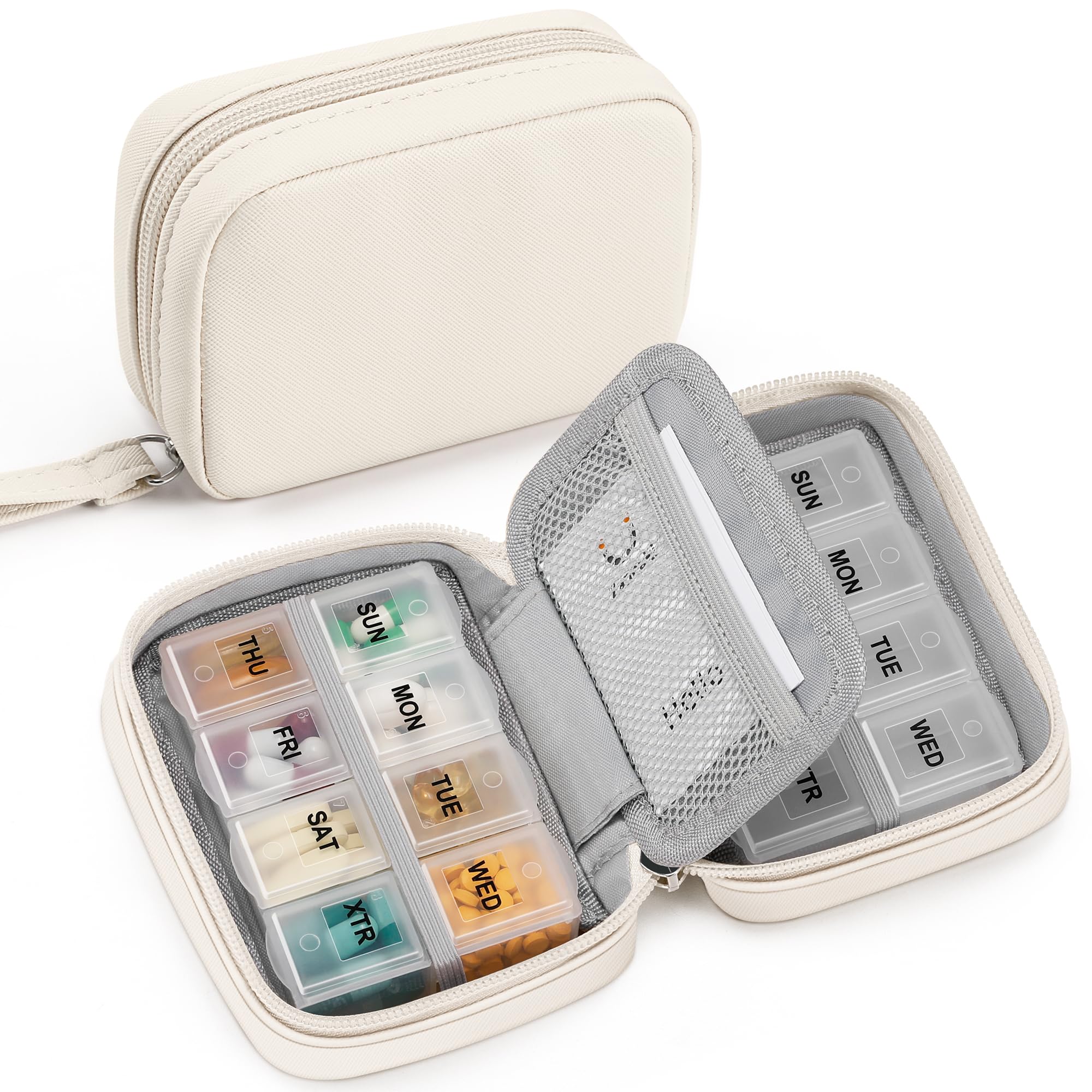Zannaki boite-pilules beige vue avant, idéale pour organiser votre semaine en voyage.