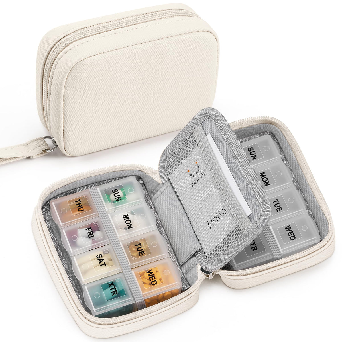 Zannaki boite-pilules beige vue avant, idéale pour organiser votre semaine en voyage.