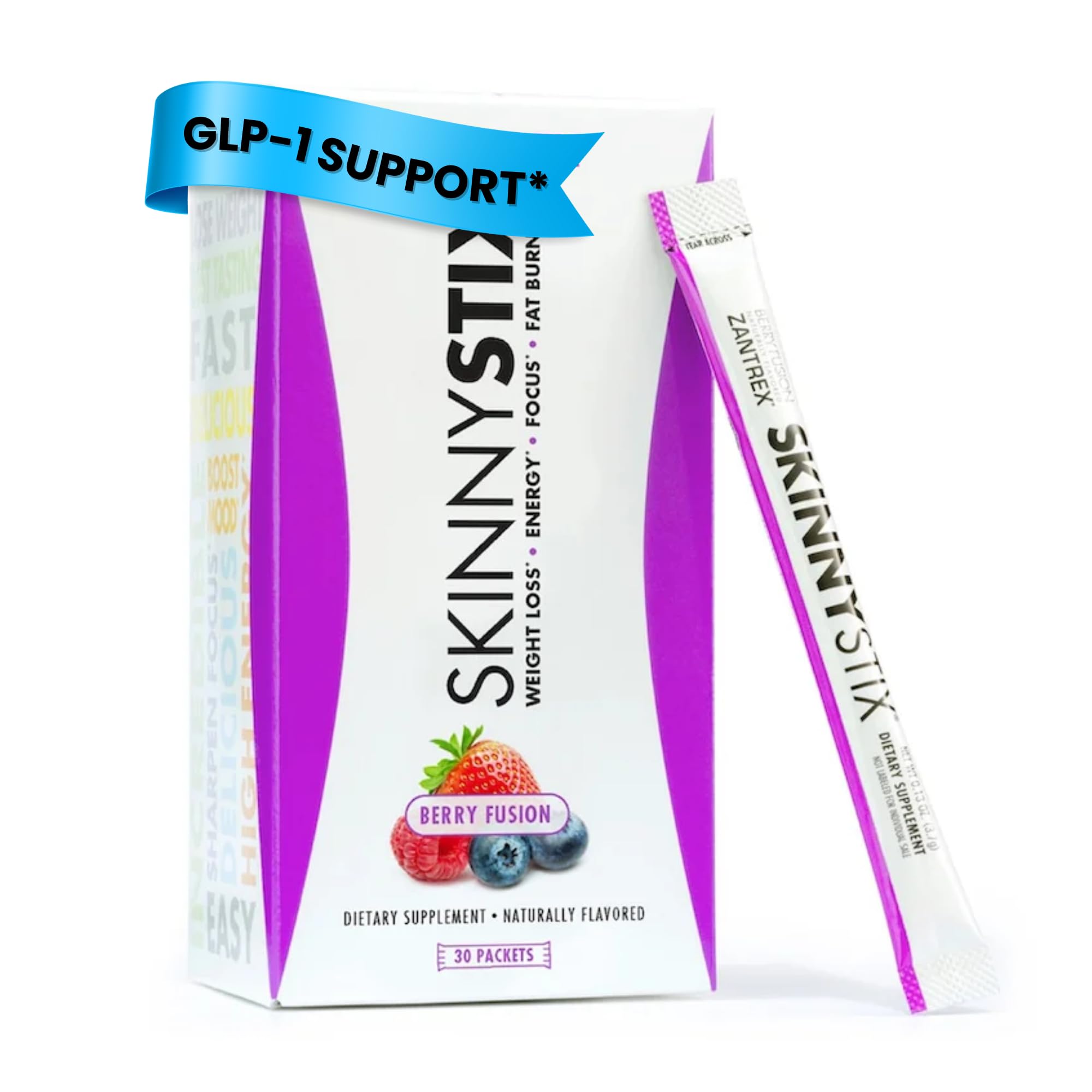 Poudre framboise Zantrex SkinnyStix se dissolvant dans l'eau pour une énergie légère
