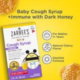 Étiquette Zarbee's sur le sirop bébé, informations claires.