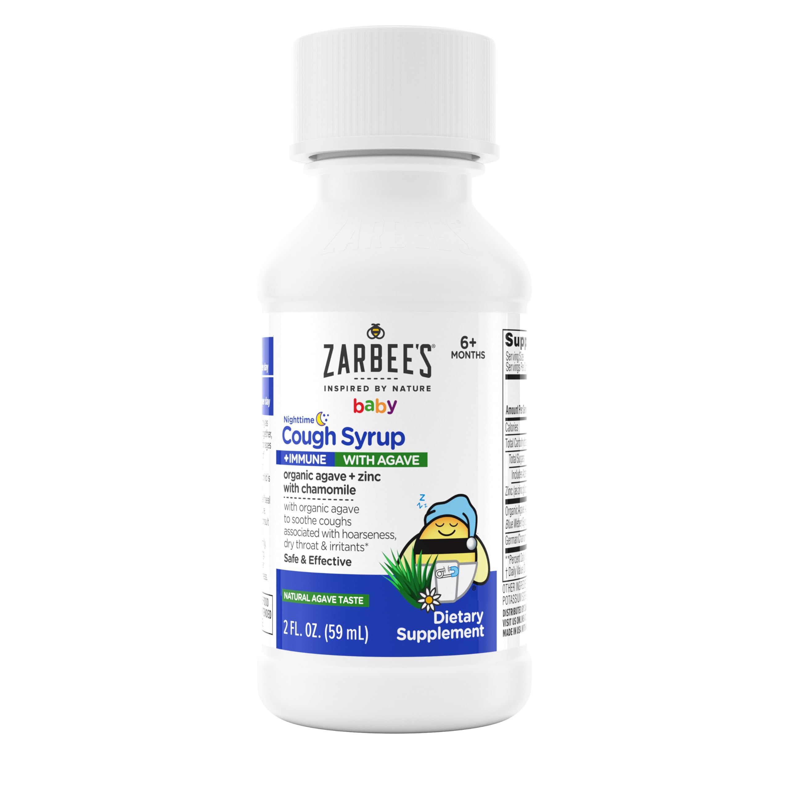 Étiquette Zarbee's bébé sirop nuit – agave biologique pour adoucir et apaiser.