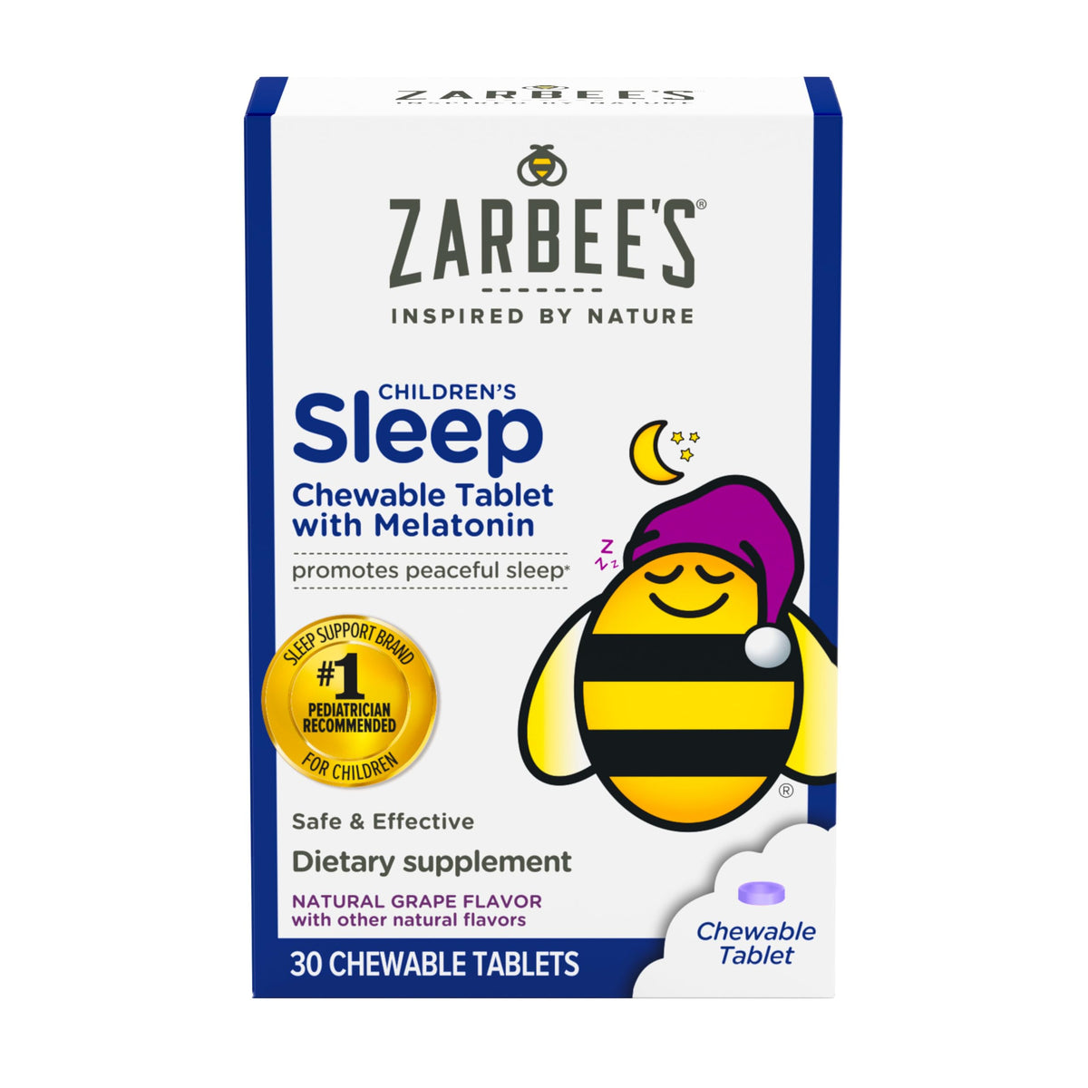 Zarbee's Kids mélatonine 1 mg, tablette à mâcher, favorise un sommeil paisible.