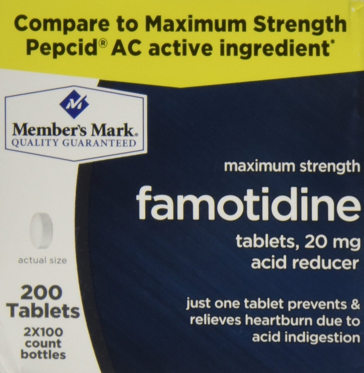 Tablettes ZASTION famotidine 20 mg, flacon de 200 comprimés, soulagement possible des brûlures d'estomac.