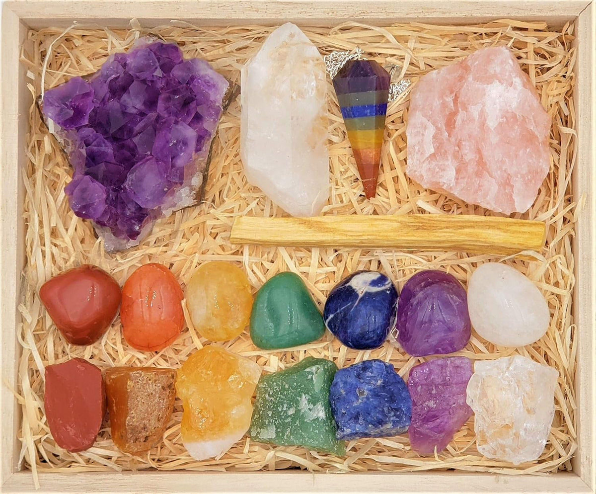 ZATNY kit cristaux et pierres chakra dans une boîte en bois, prêt pour votre pratique.